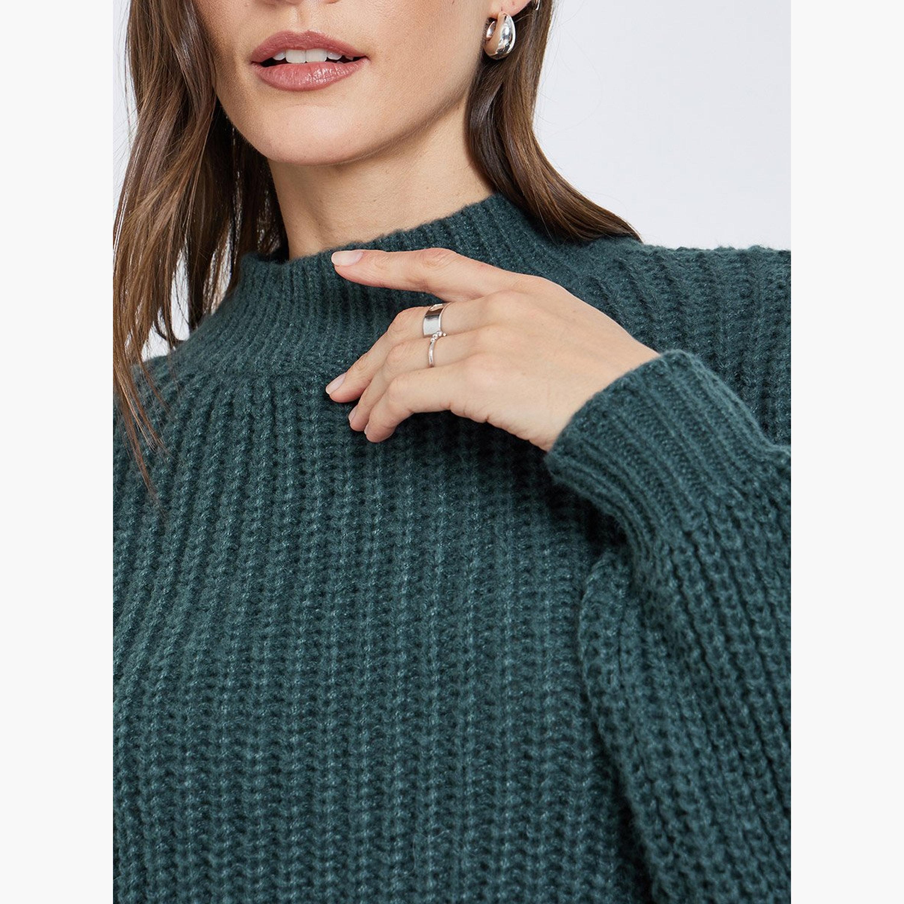 Styli Dark Green High Neck Chunky Knit Sweater-women-winterwear-cardigansandjumpers-jumpers-image-4