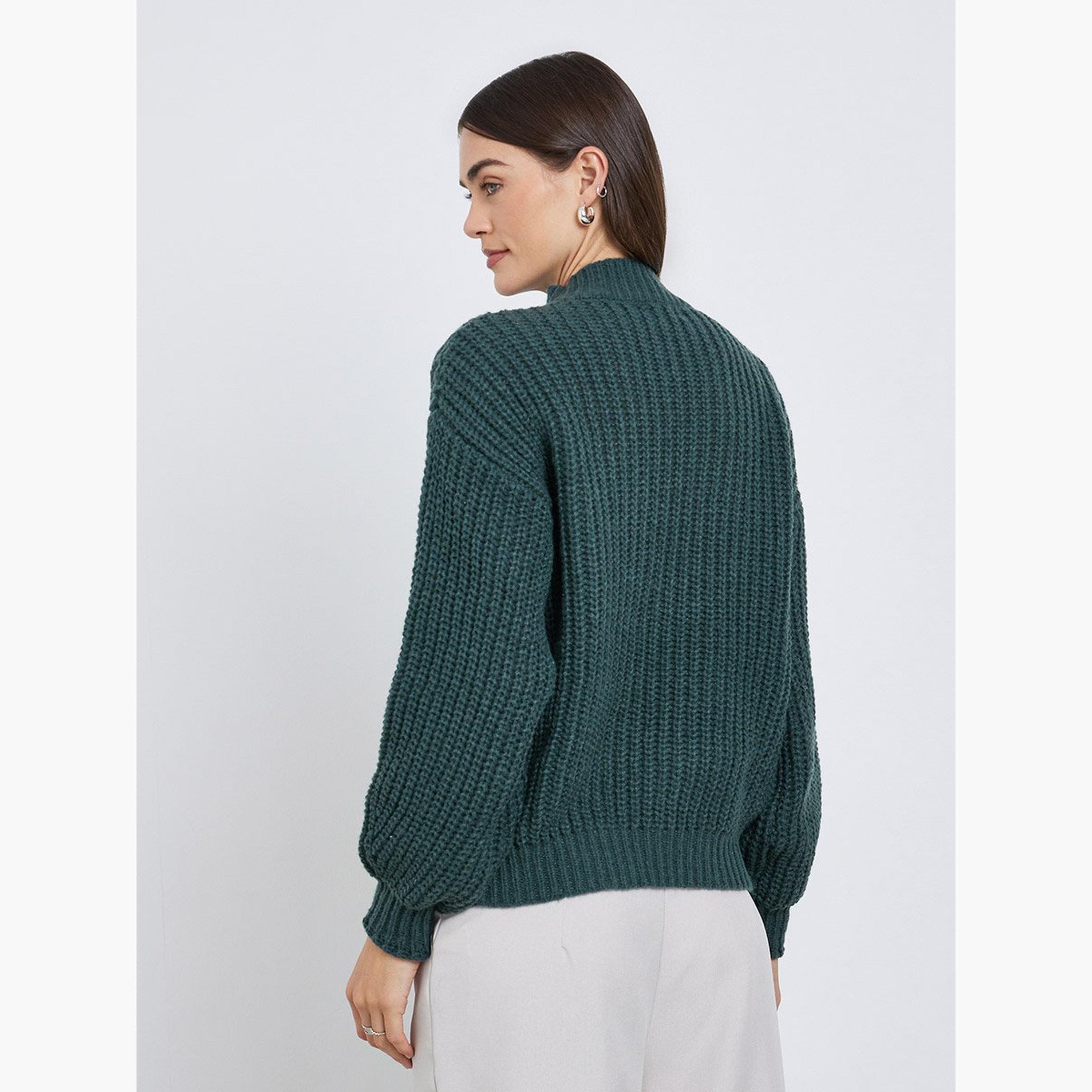 Styli Dark Green High Neck Chunky Knit Sweater-women-winterwear-cardigansandjumpers-jumpers-image-5