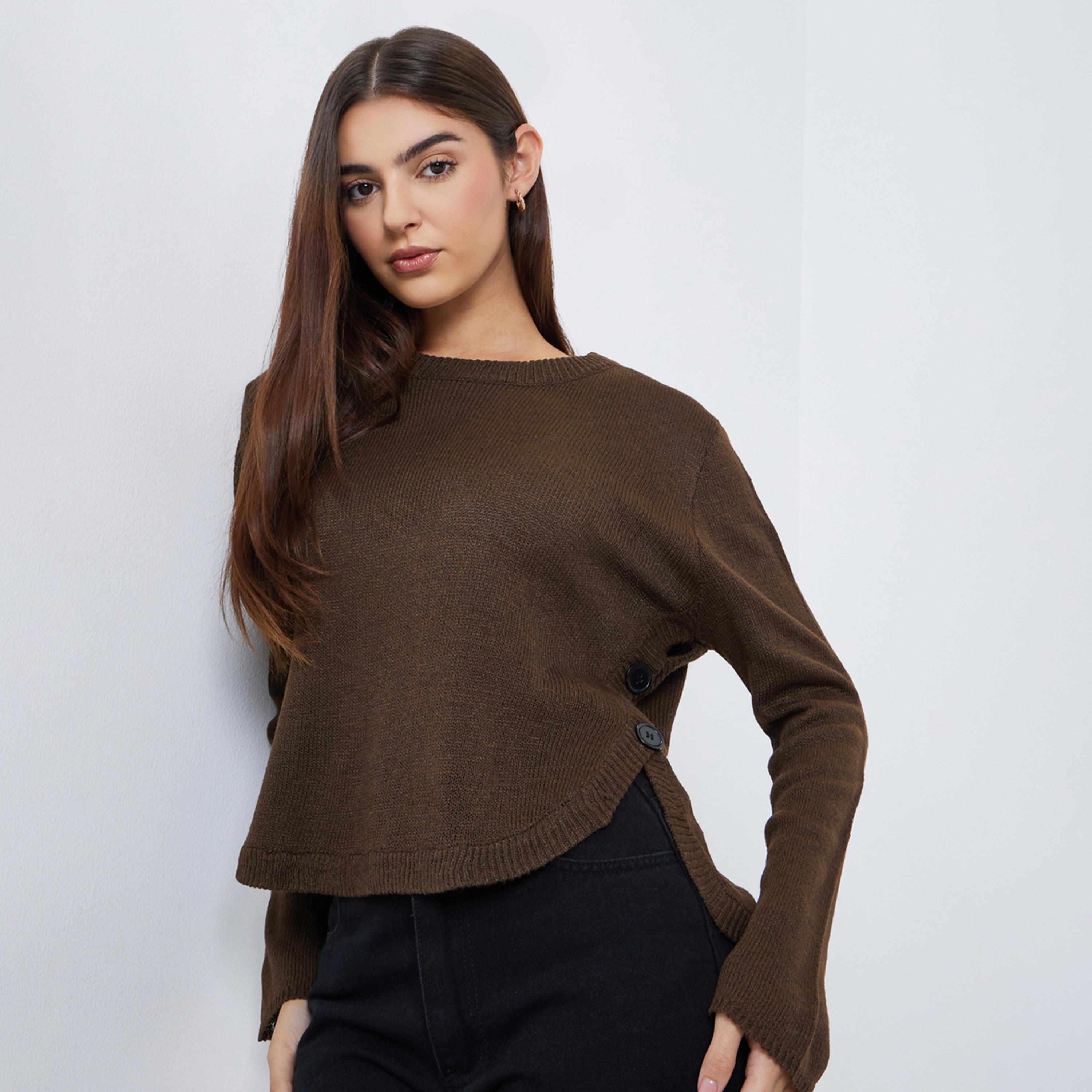 Styli Women Brown Button Detail Regular Fit Sweater-women-clothing-cardigansandjumpers-jumpers-image-1
