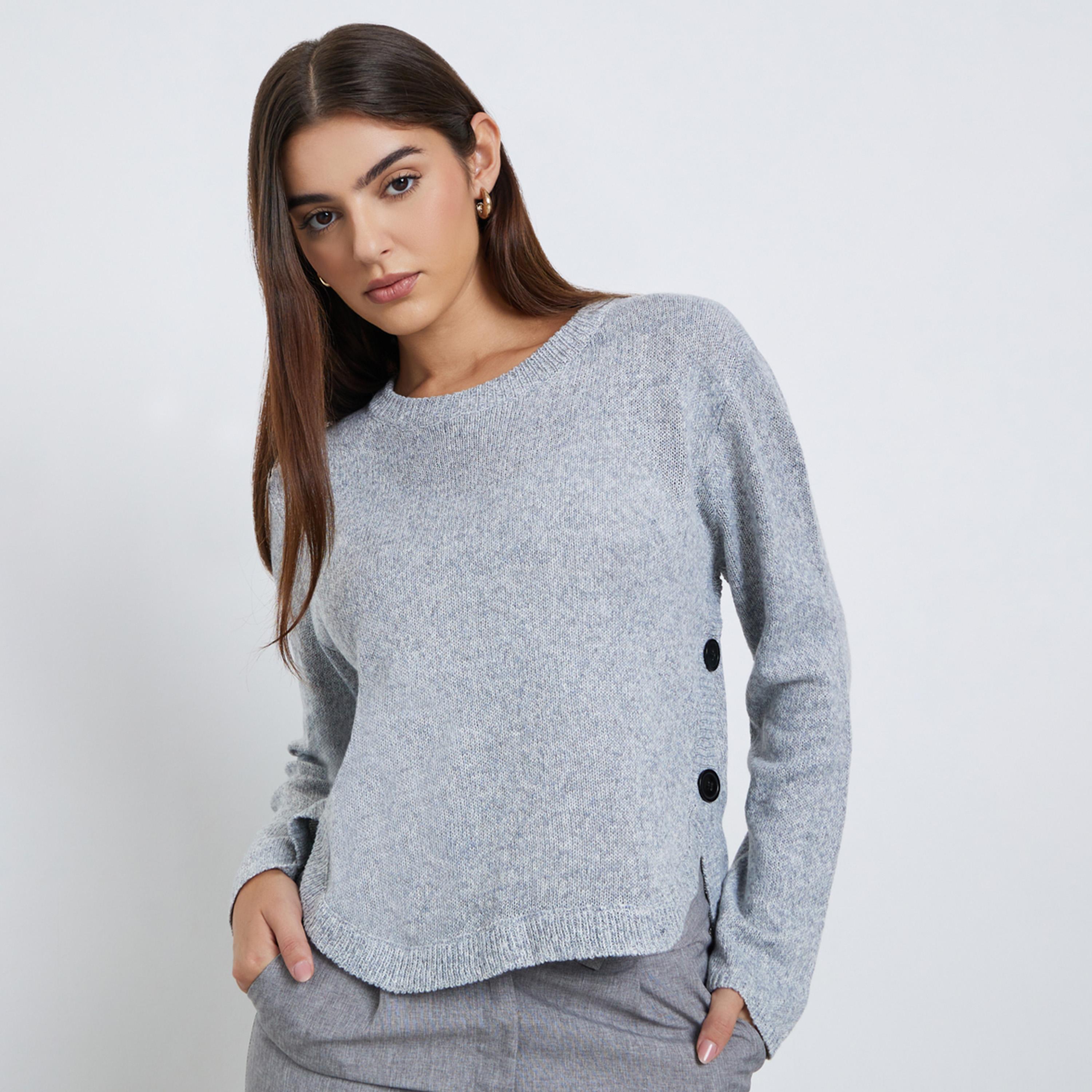 Styli Women Grey Button Detail Regular Fit Sweater-women-clothing-cardigansandjumpers-jumpers-image-1