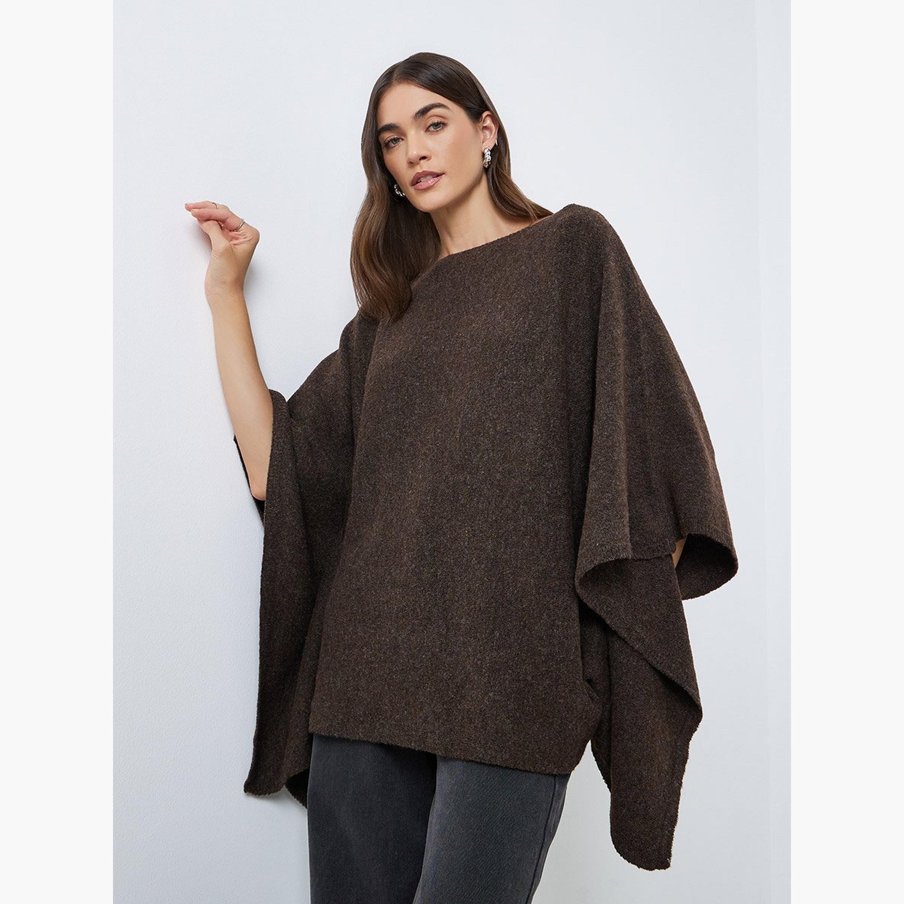 Styli Brown Oversized Knit Cape Sweater-women-winterwear-cardigansandjumpers-jumpers-image-1