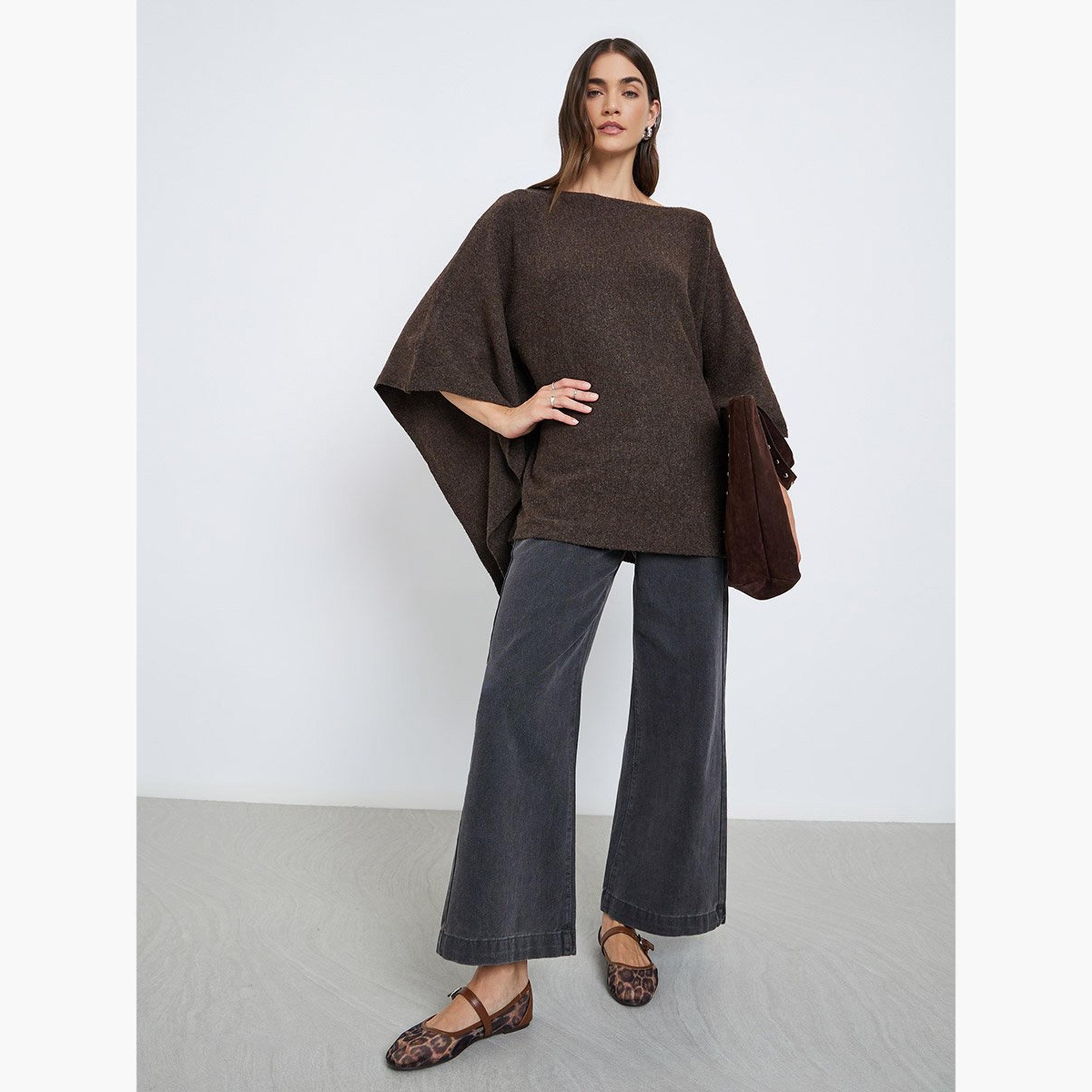 Styli Brown Oversized Knit Cape Sweater-women-winterwear-cardigansandjumpers-jumpers-image-2