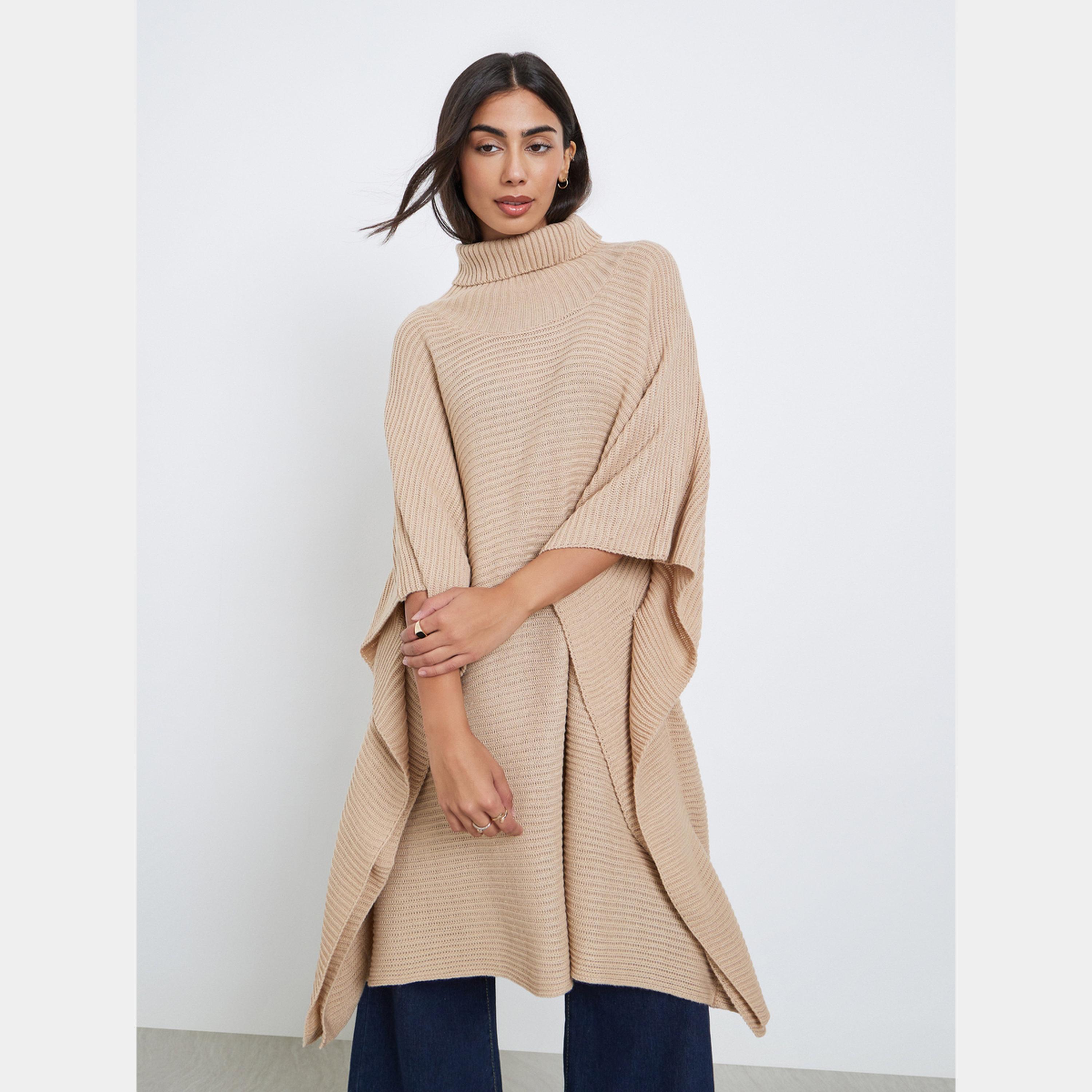 ستايلي - سترة نسائية مقاس واسع قماش سميك محبوك بياقة مدورة وأكمام طويلة لون بيج-women-clothing-cardigansandjumpers-jumpers-image-1