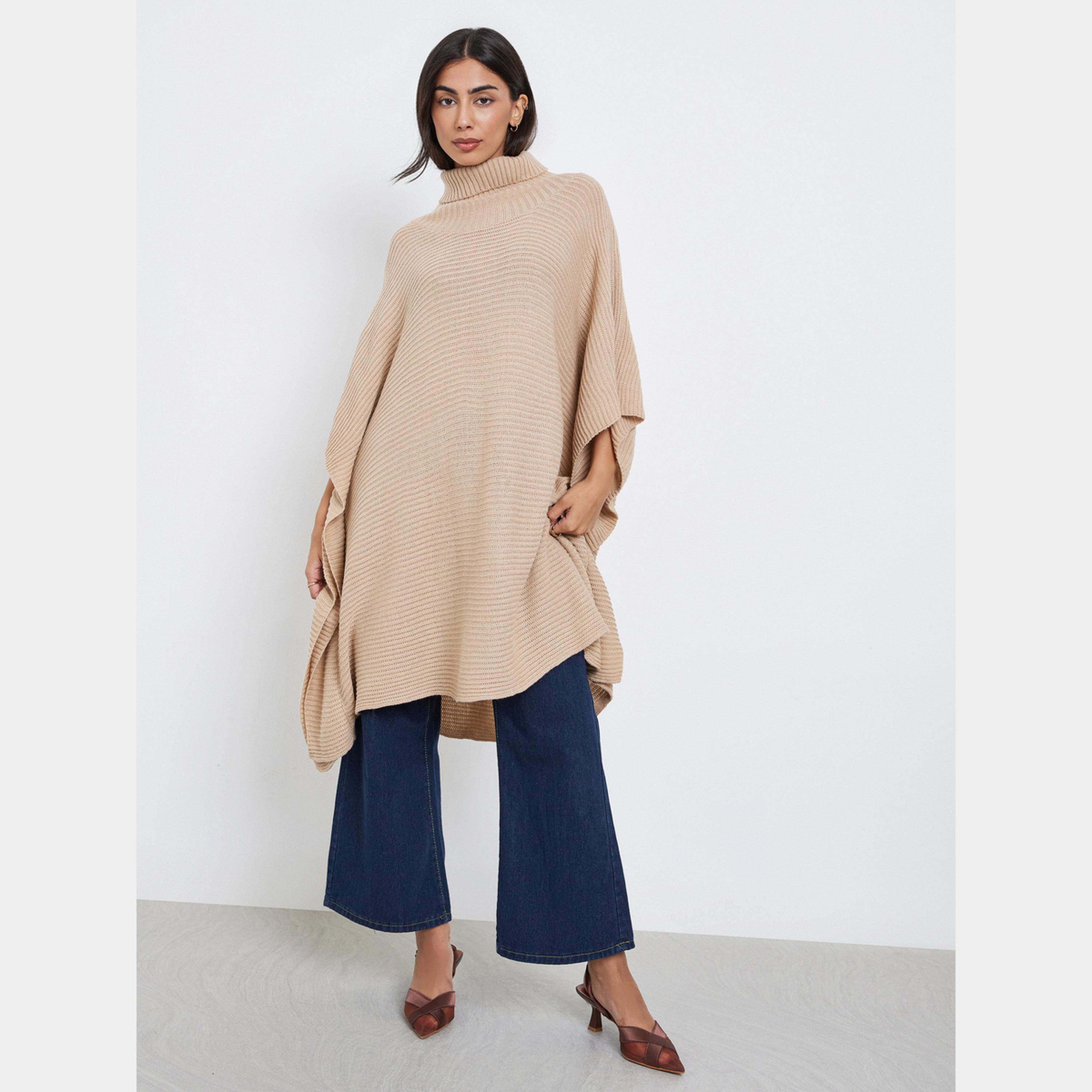 ستايلي - سترة نسائية مقاس واسع قماش سميك محبوك بياقة مدورة وأكمام طويلة لون بيج-women-clothing-cardigansandjumpers-jumpers-image-3