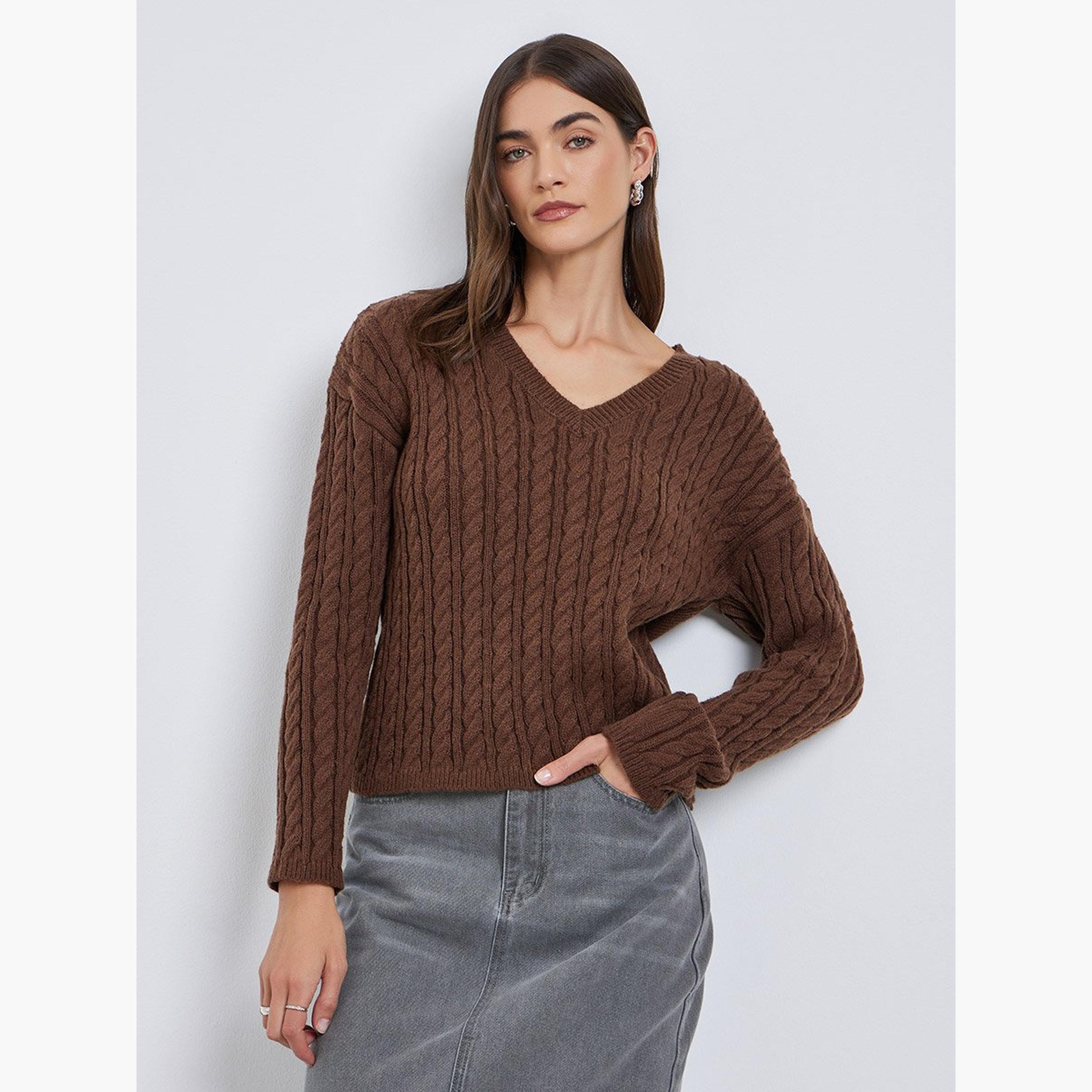 Styli Brown V-Neck Cable Knit Sweater-women-winterwear-cardigansandjumpers-jumpers-image-1