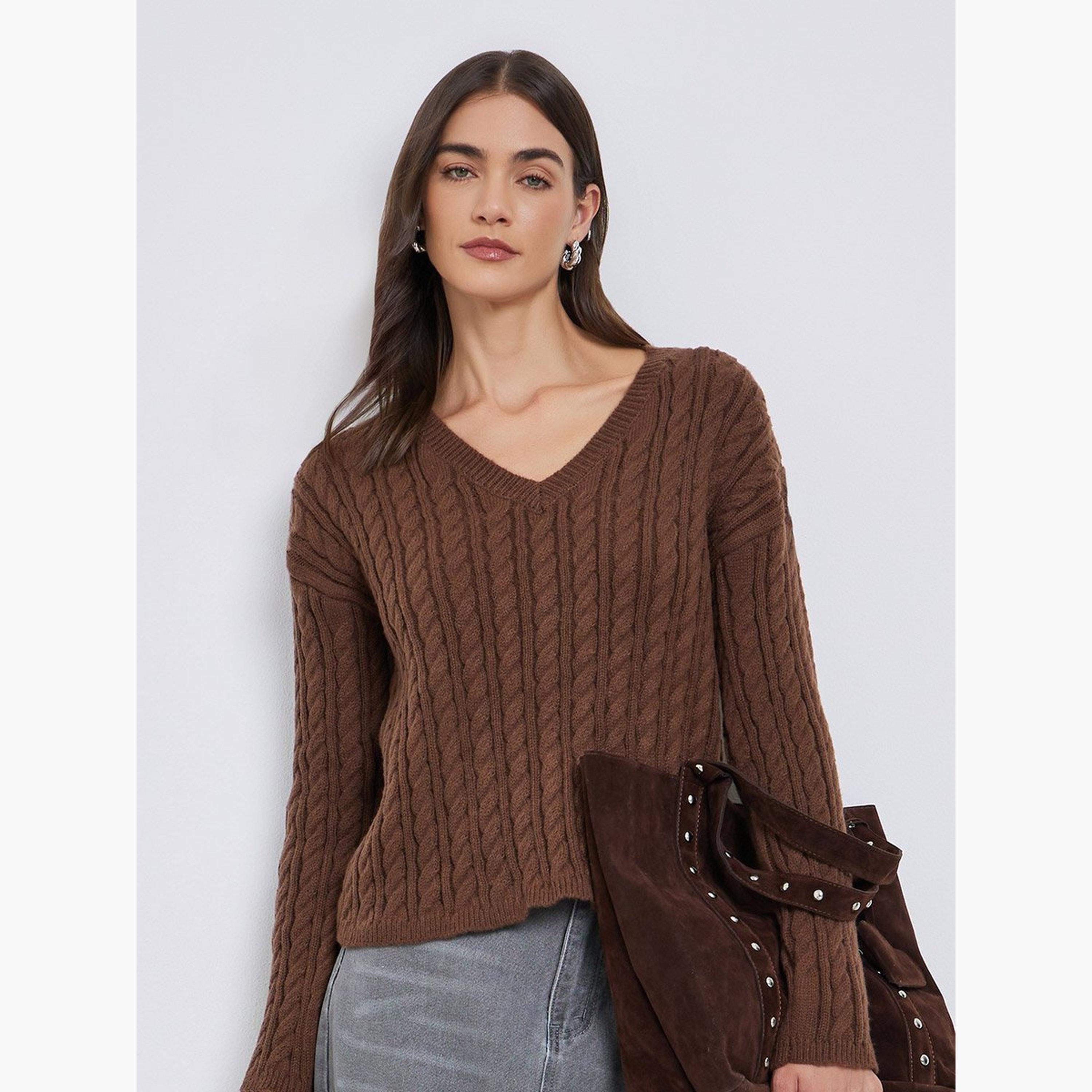 ستايلي - سترة بنية اللون برقبة على شكل حرف V-women-winterwear-cardigansandjumpers-jumpers-image-3