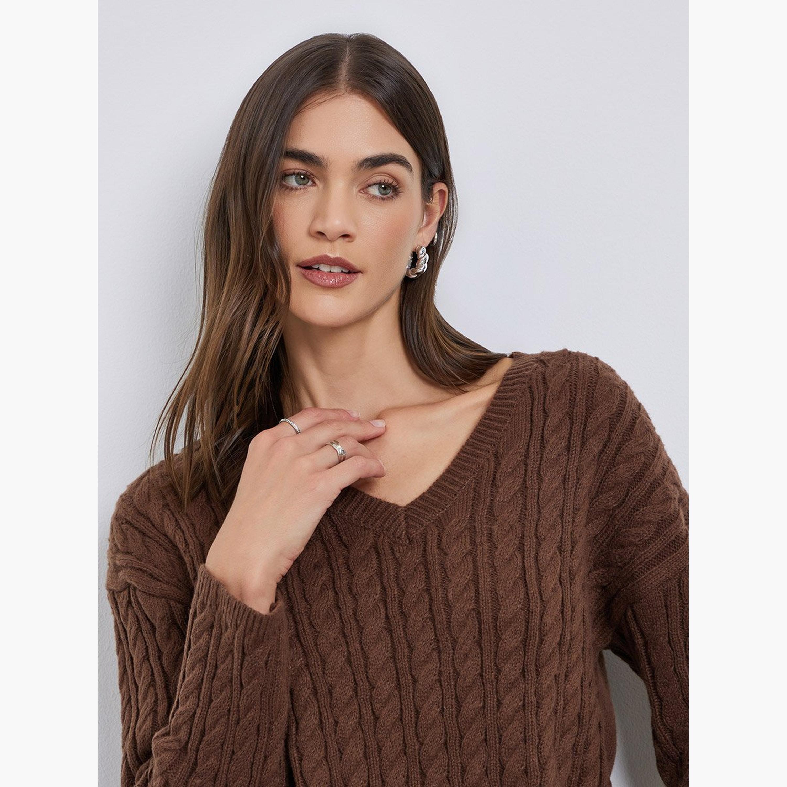ستايلي - سترة بنية اللون برقبة على شكل حرف V-women-winterwear-cardigansandjumpers-jumpers-image-4