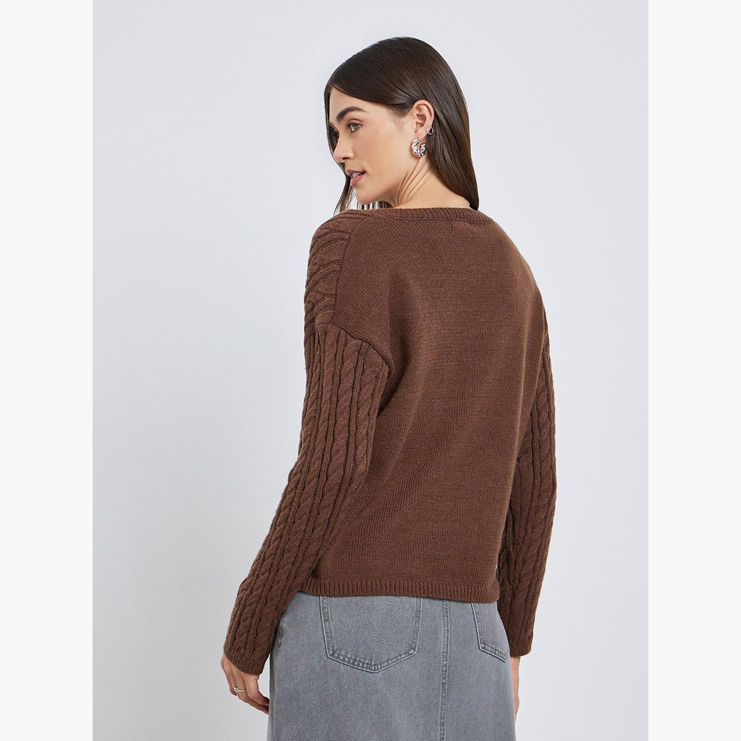Styli Brown V-Neck Cable Knit Sweater-women-winterwear-cardigansandjumpers-jumpers-image-5