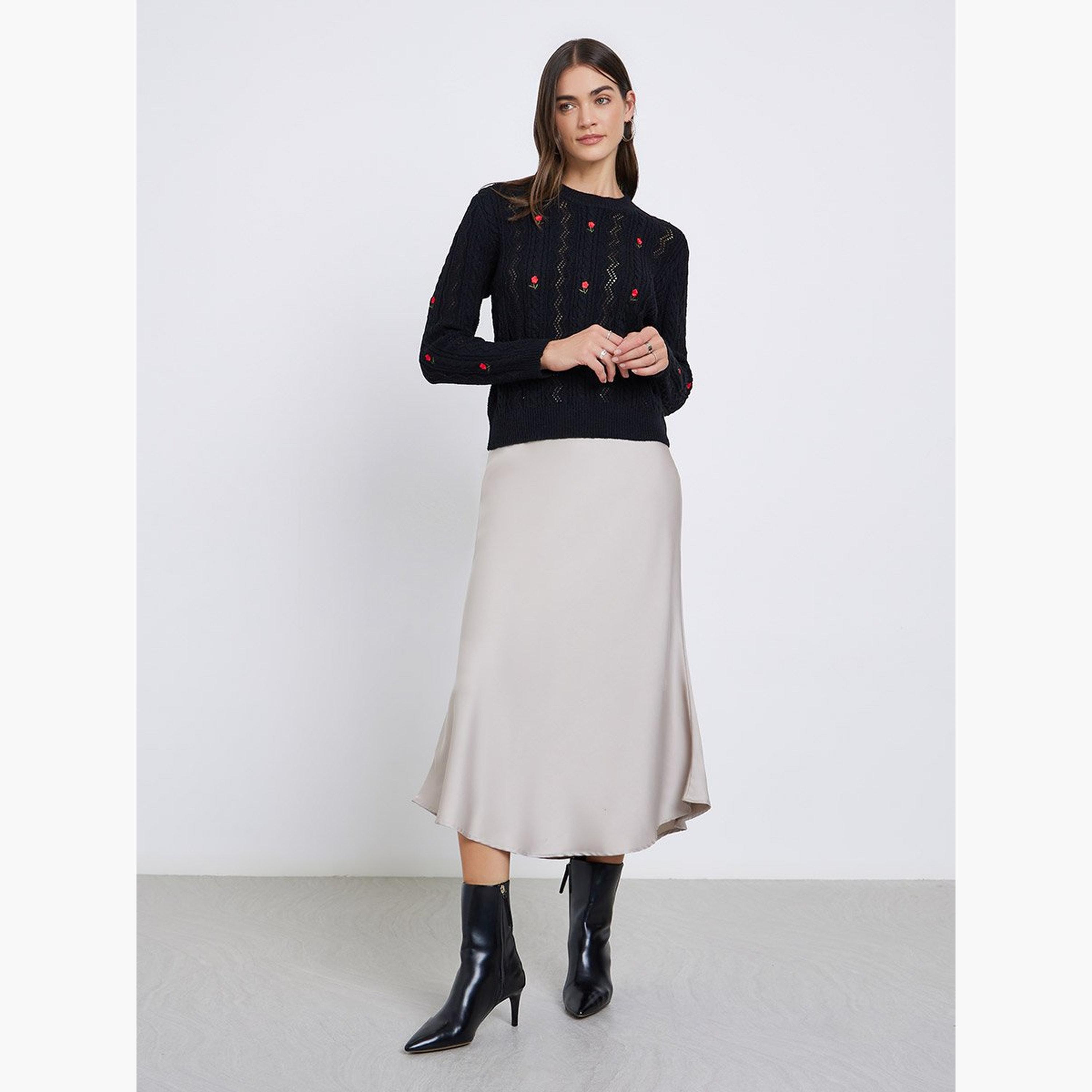 Styli Black Floral Embroidered Cable Knit Sweater-women-winterwear-cardigansandjumpers-jumpers-image-2