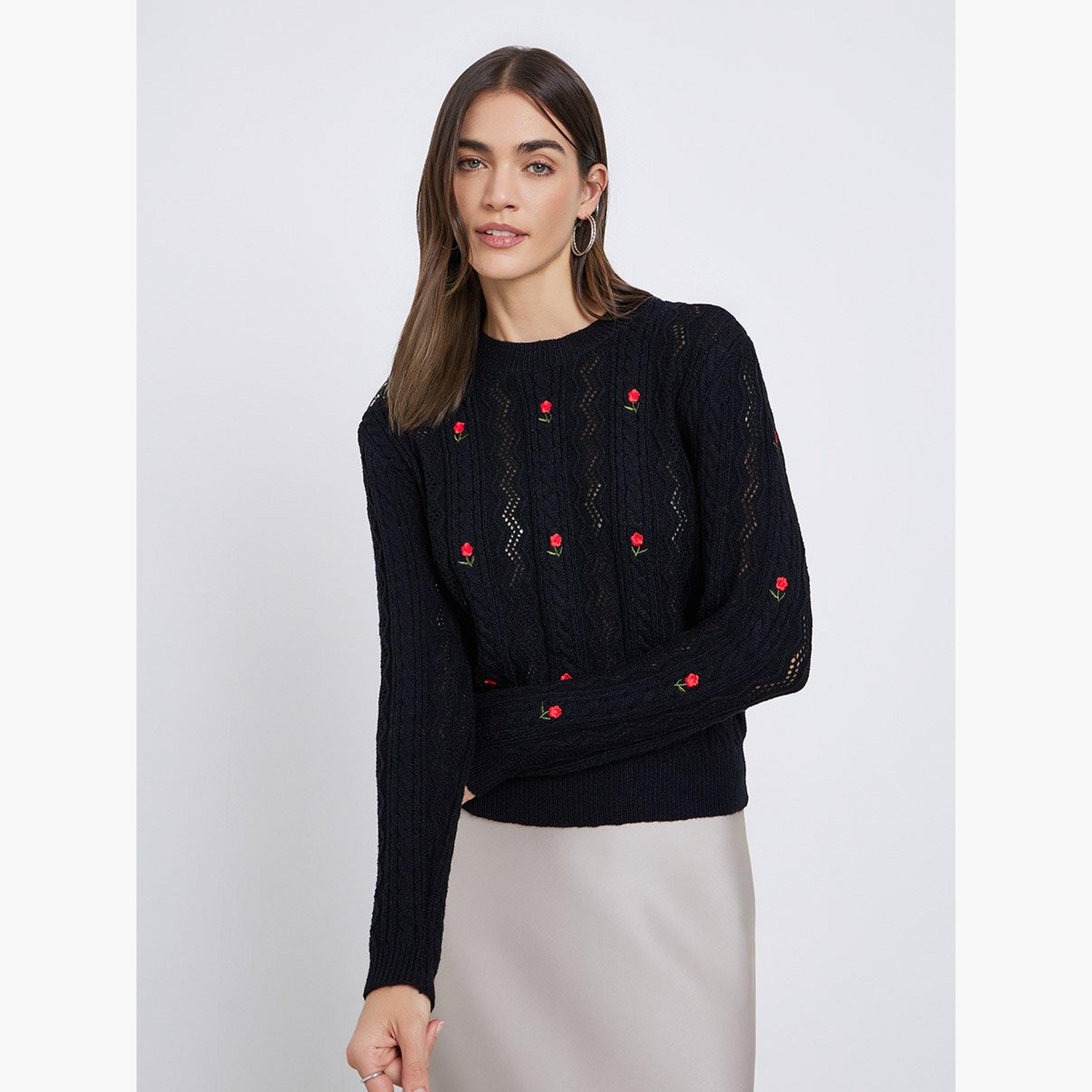 Styli Black Floral Embroidered Cable Knit Sweater-women-winterwear-cardigansandjumpers-jumpers-image-3