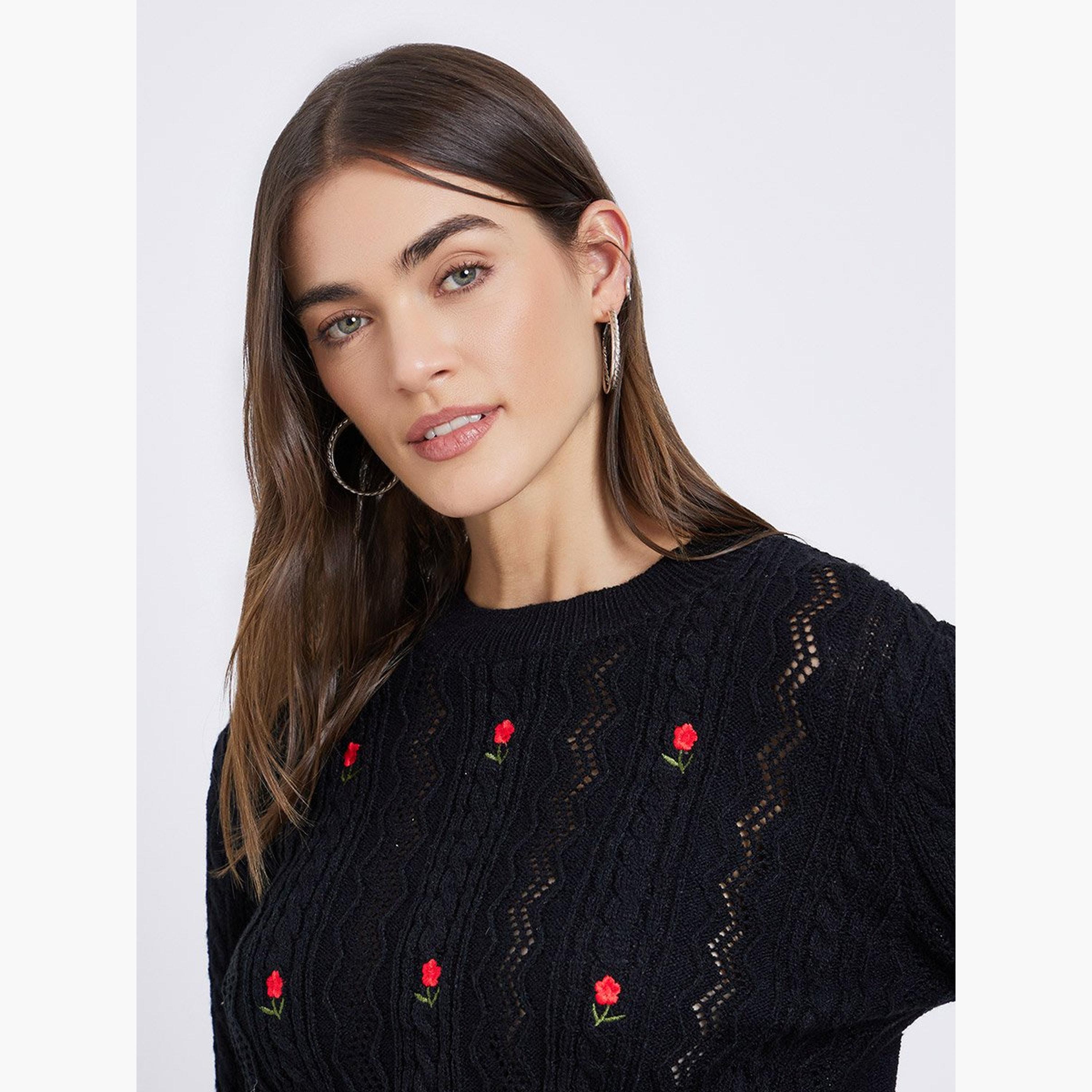 Styli Black Floral Embroidered Cable Knit Sweater-women-winterwear-cardigansandjumpers-jumpers-image-4