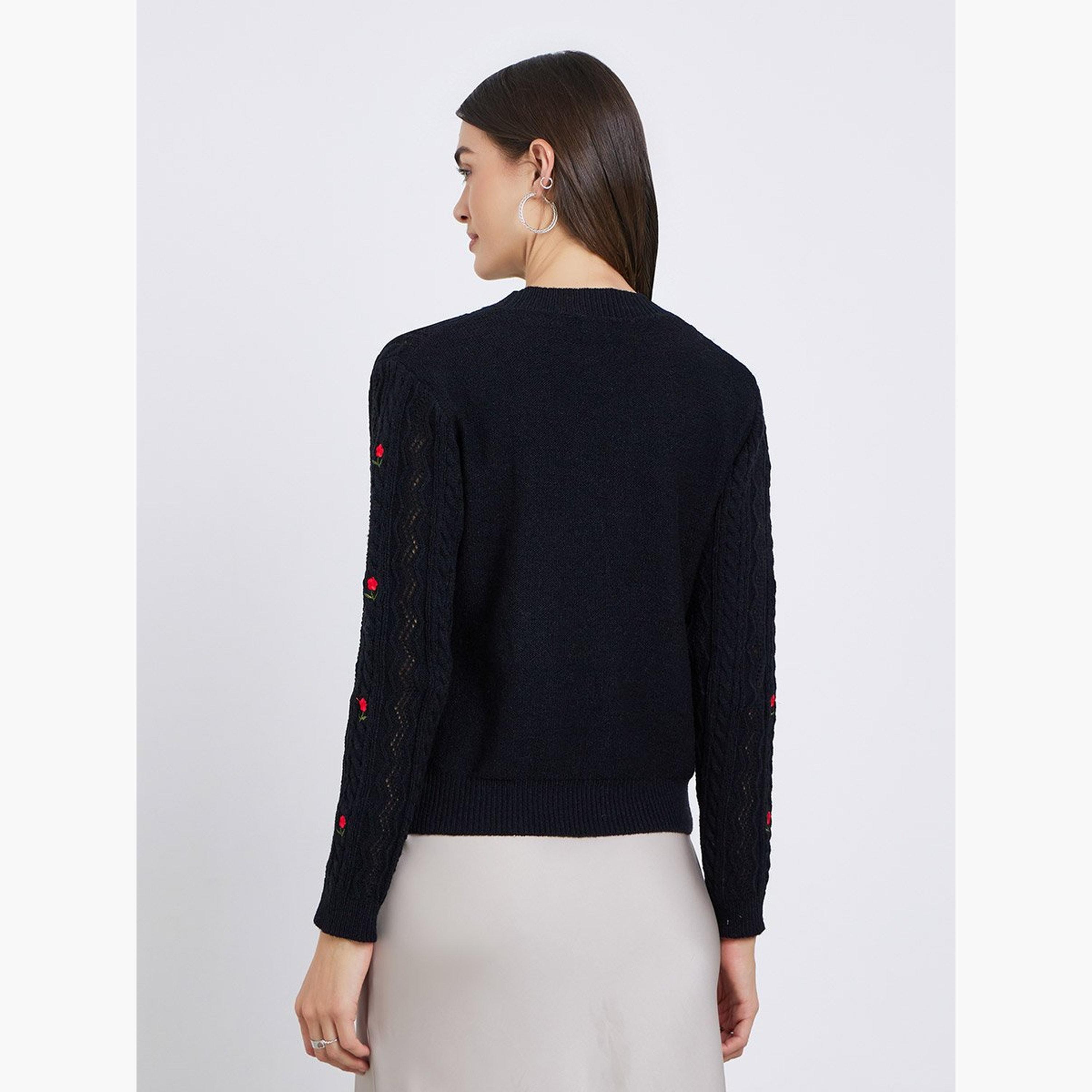 Styli Black Floral Embroidered Cable Knit Sweater-women-winterwear-cardigansandjumpers-jumpers-image-5