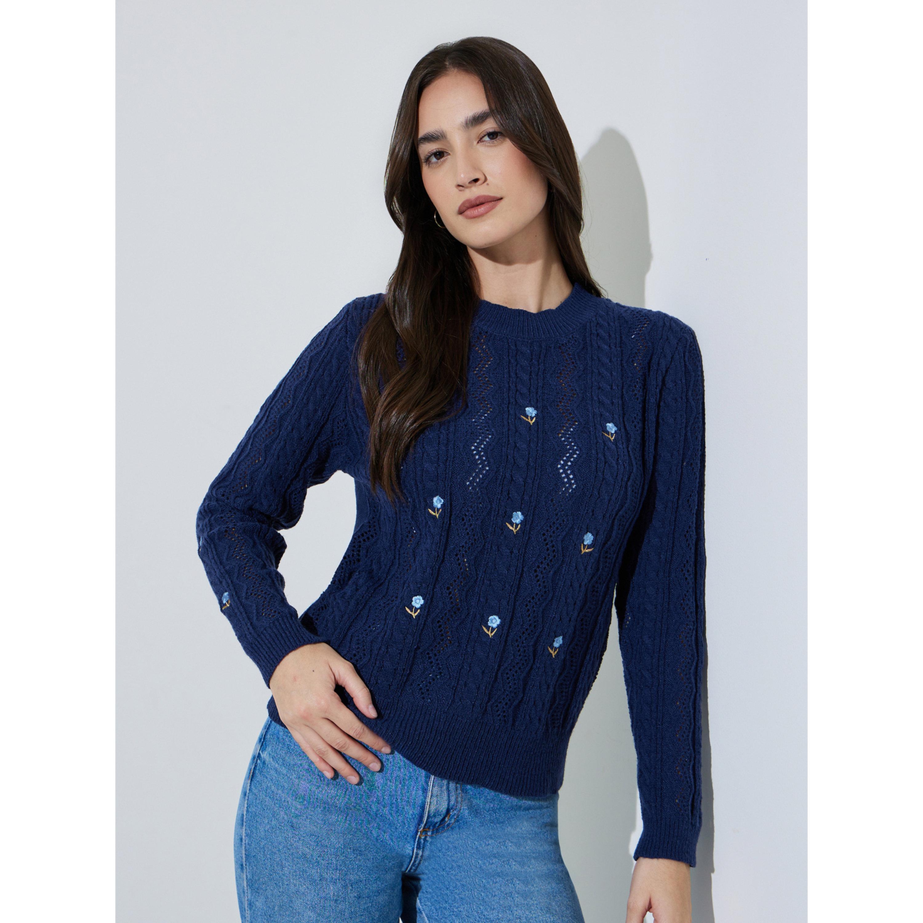 Styli Navy Blue Floral Embroidered Cable Knit Sweater-women-winterwear-cardigansandjumpers-jumpers-image-1