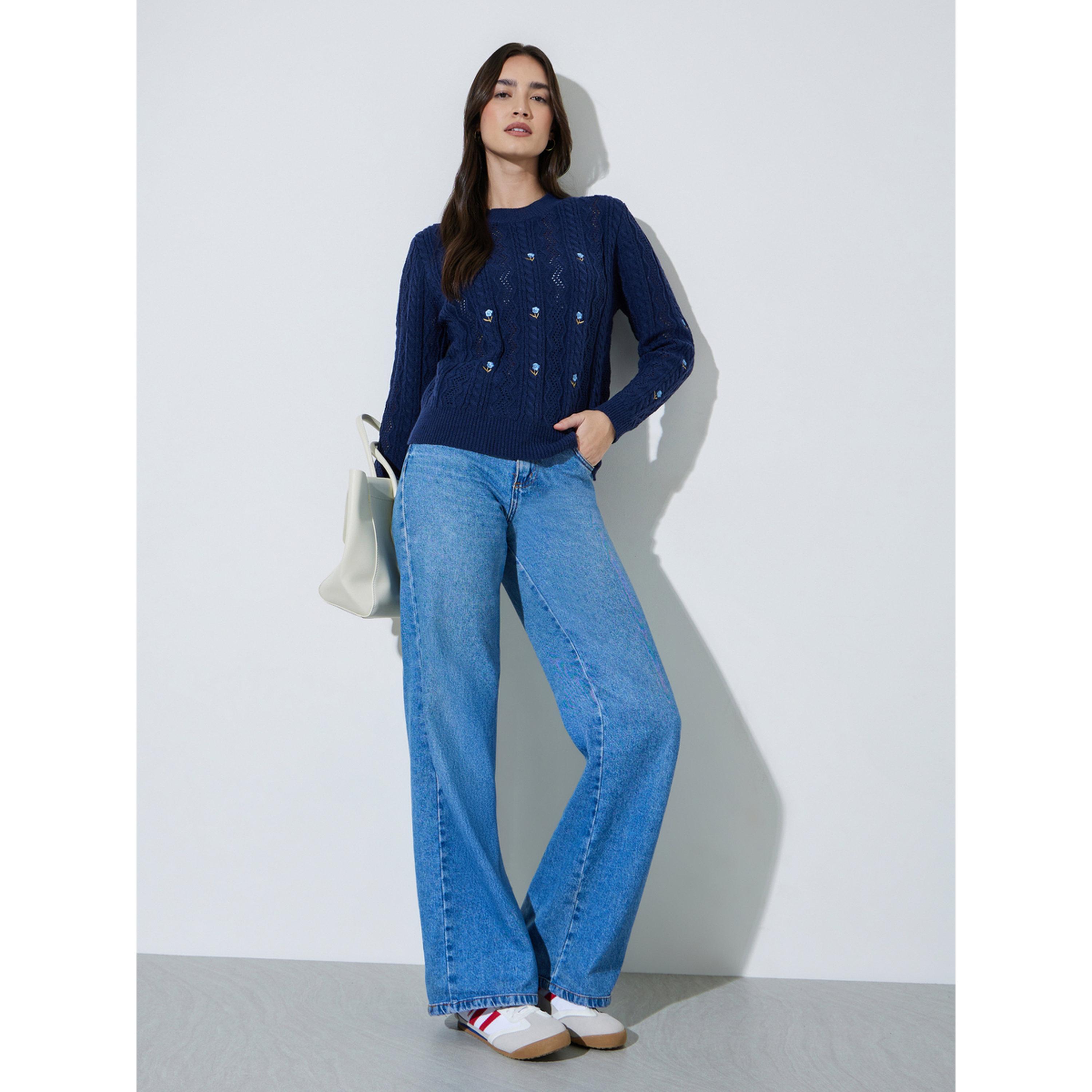 Styli Navy Blue Floral Embroidered Cable Knit Sweater-women-winterwear-cardigansandjumpers-jumpers-image-2