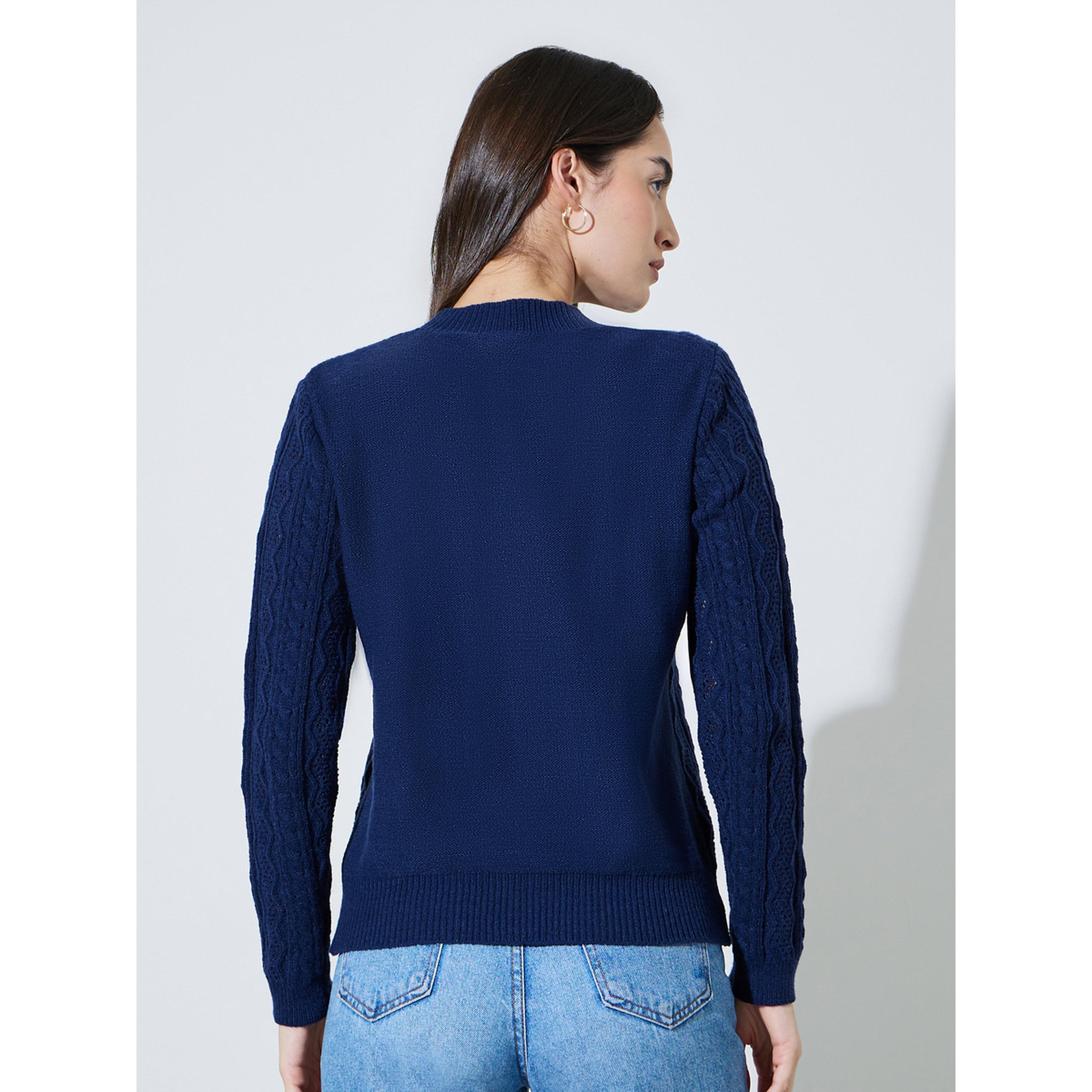 Styli Navy Blue Floral Embroidered Cable Knit Sweater-women-winterwear-cardigansandjumpers-jumpers-image-3