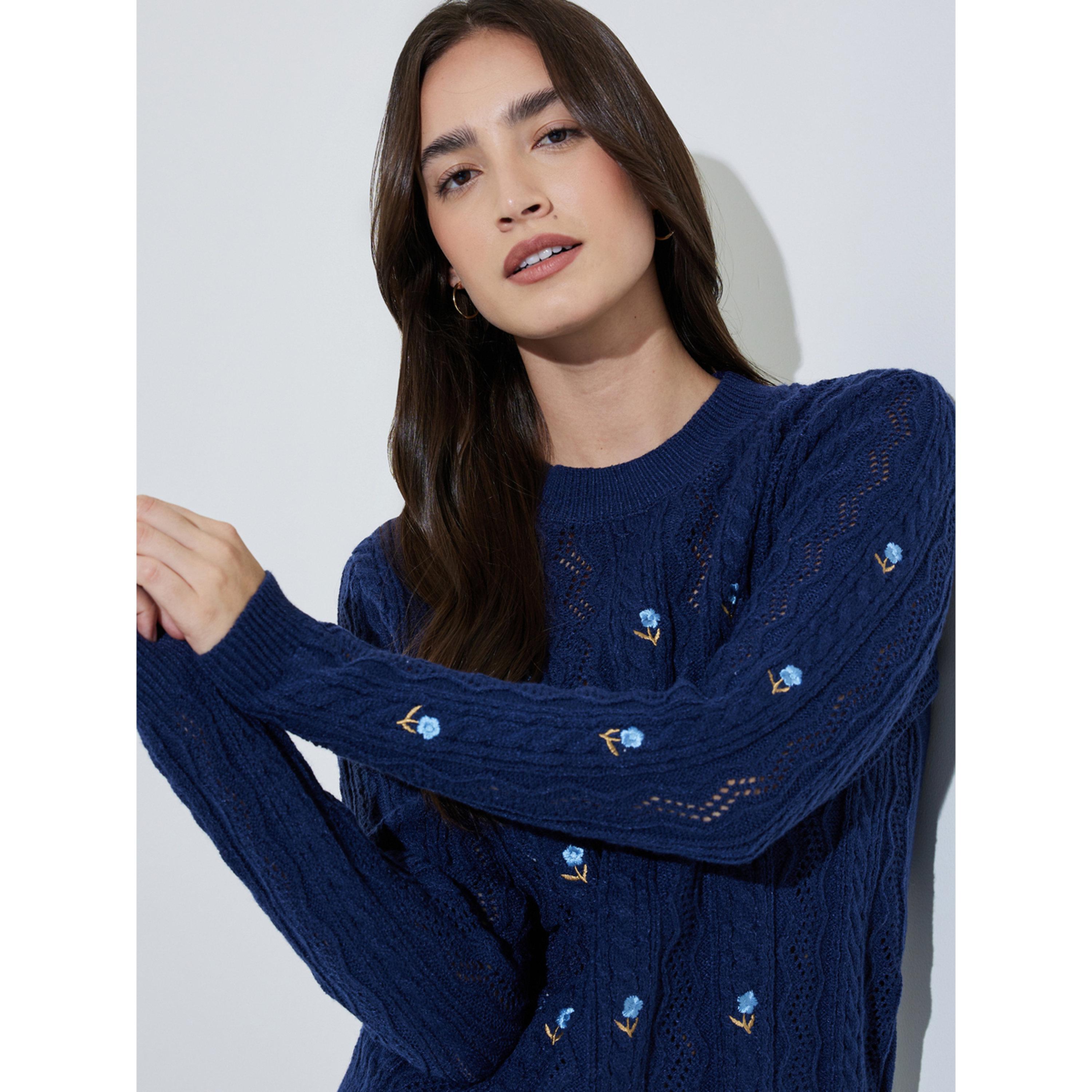 Styli Navy Blue Floral Embroidered Cable Knit Sweater-women-winterwear-cardigansandjumpers-jumpers-image-5