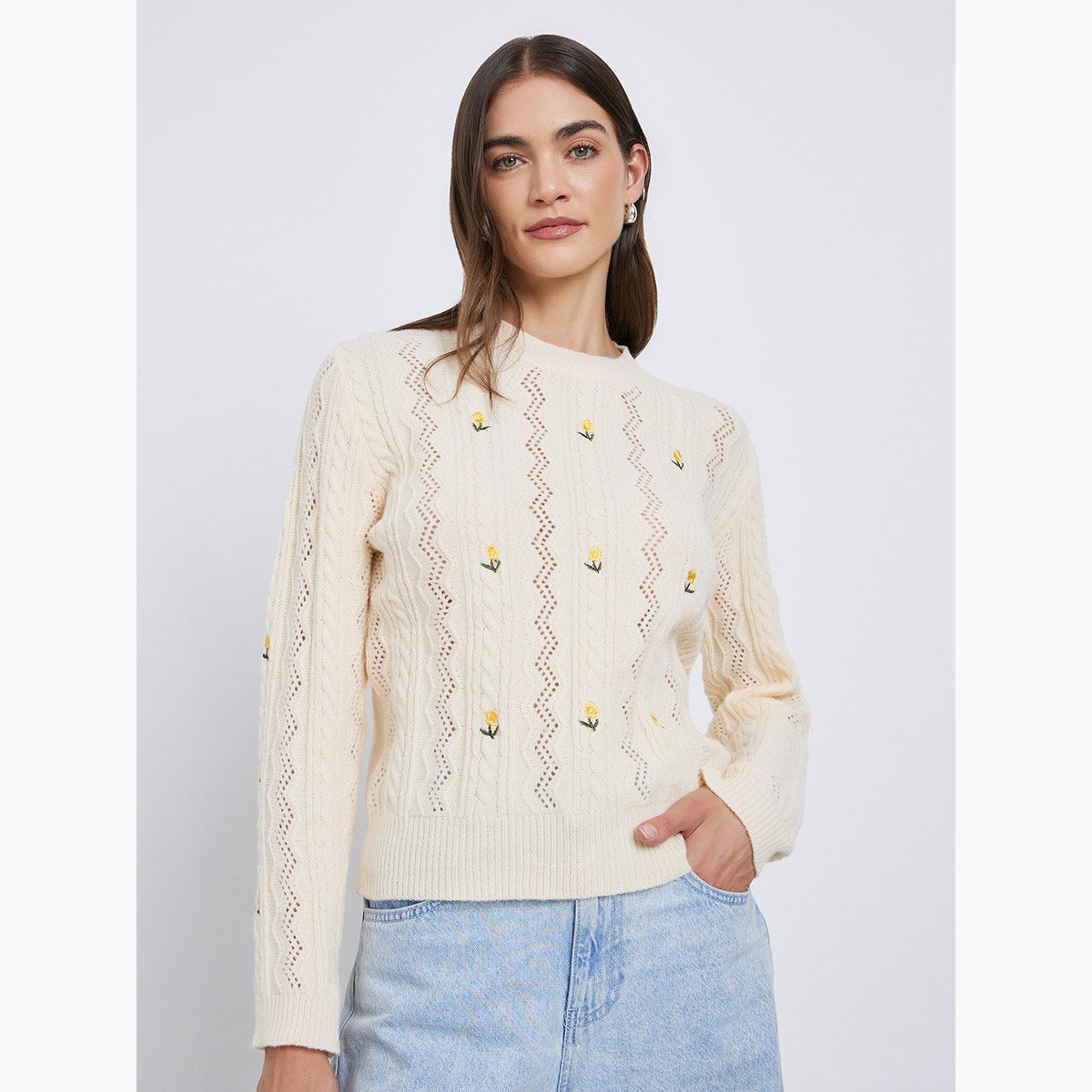 Styli Cream Floral Embroidered Cable Knit Sweater-women-winterwear-cardigansandjumpers-jumpers-image-1
