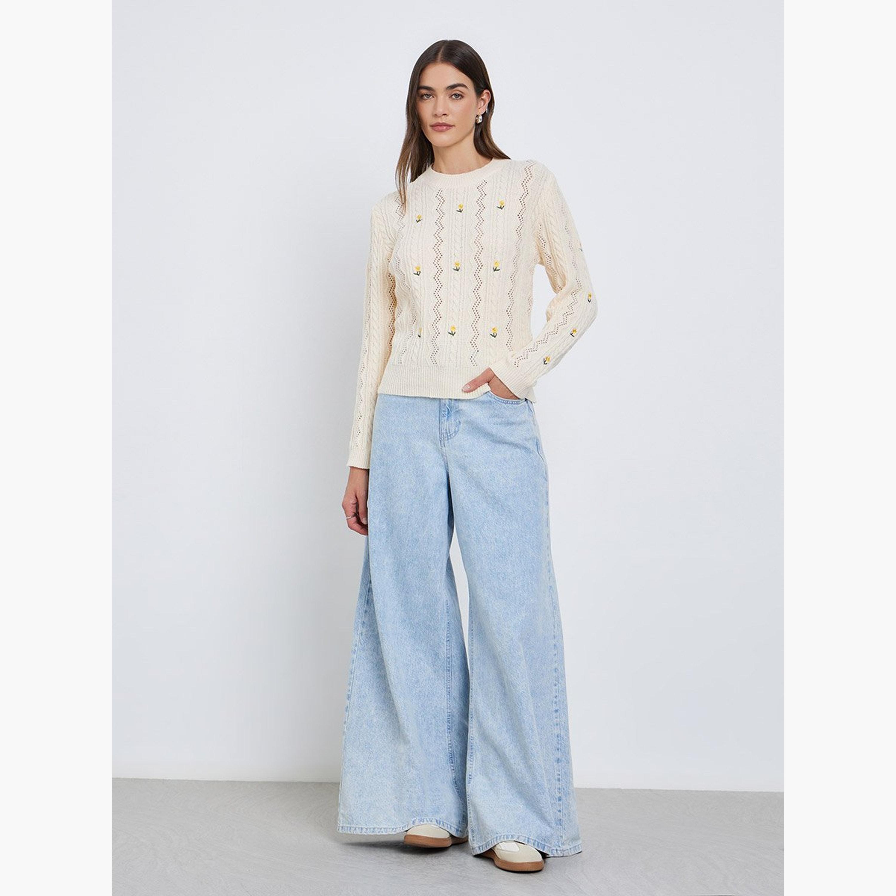 Styli Cream Floral Embroidered Cable Knit Sweater-women-winterwear-cardigansandjumpers-jumpers-image-2
