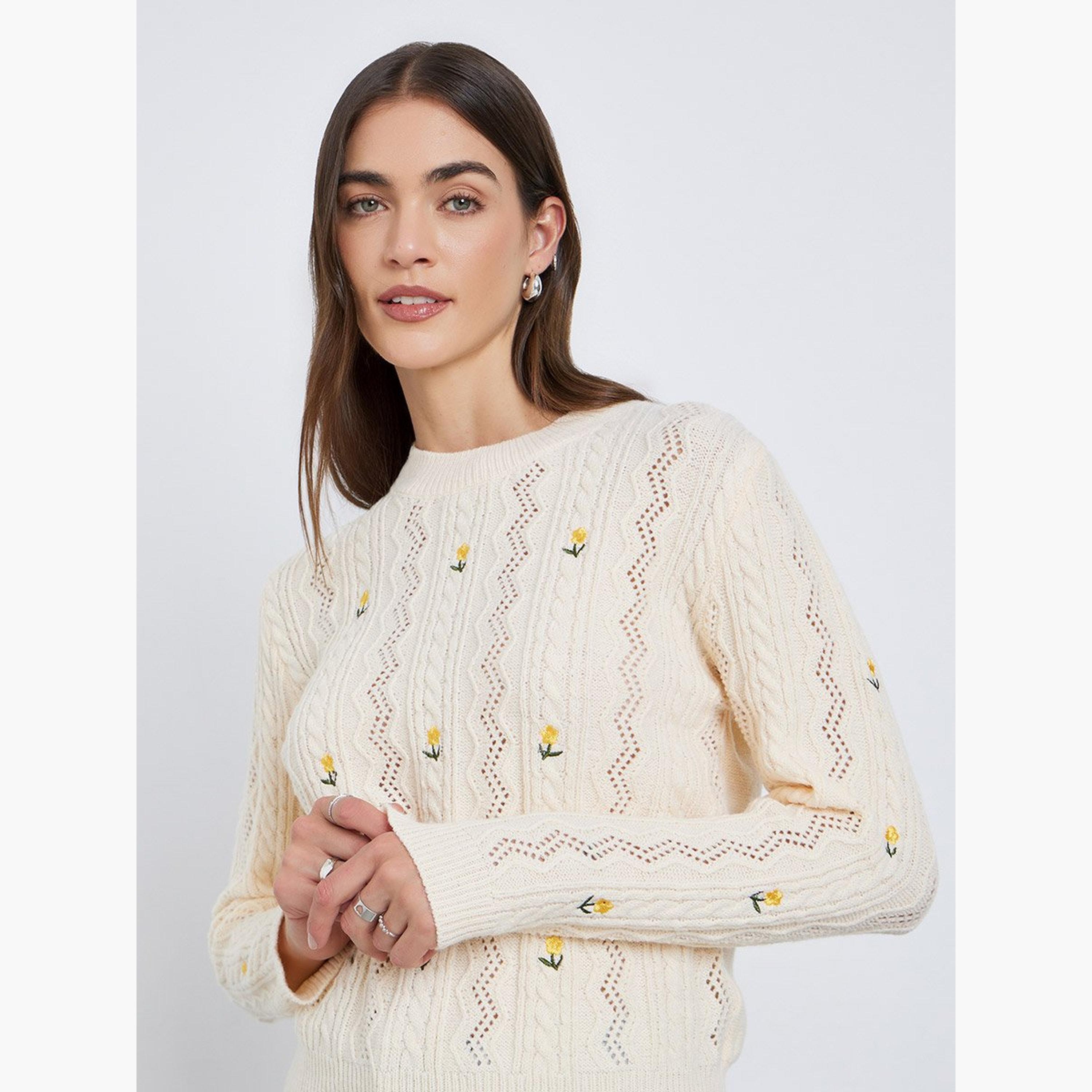 Styli Cream Floral Embroidered Cable Knit Sweater-women-winterwear-cardigansandjumpers-jumpers-image-3