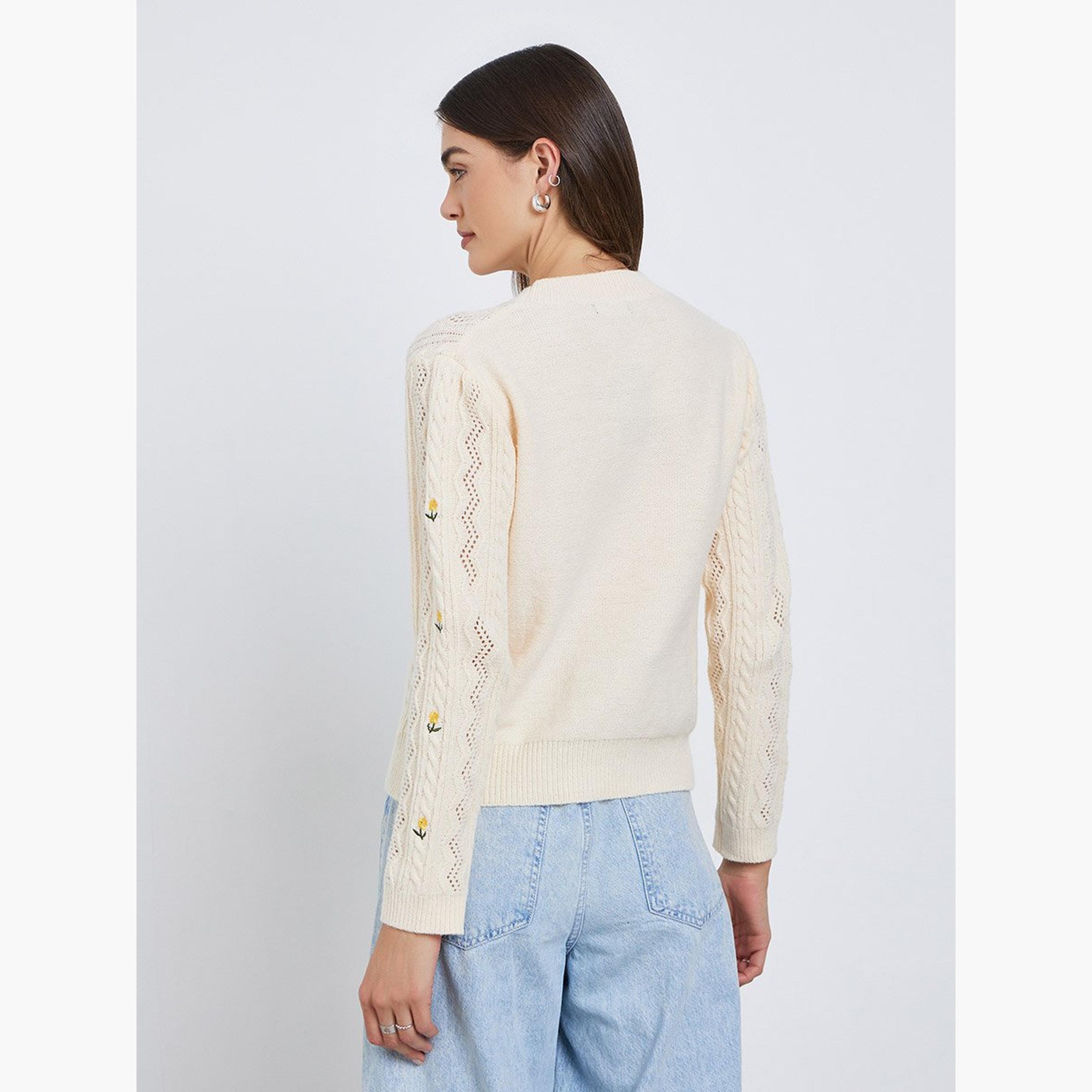 Styli Cream Floral Embroidered Cable Knit Sweater-women-winterwear-cardigansandjumpers-jumpers-image-5