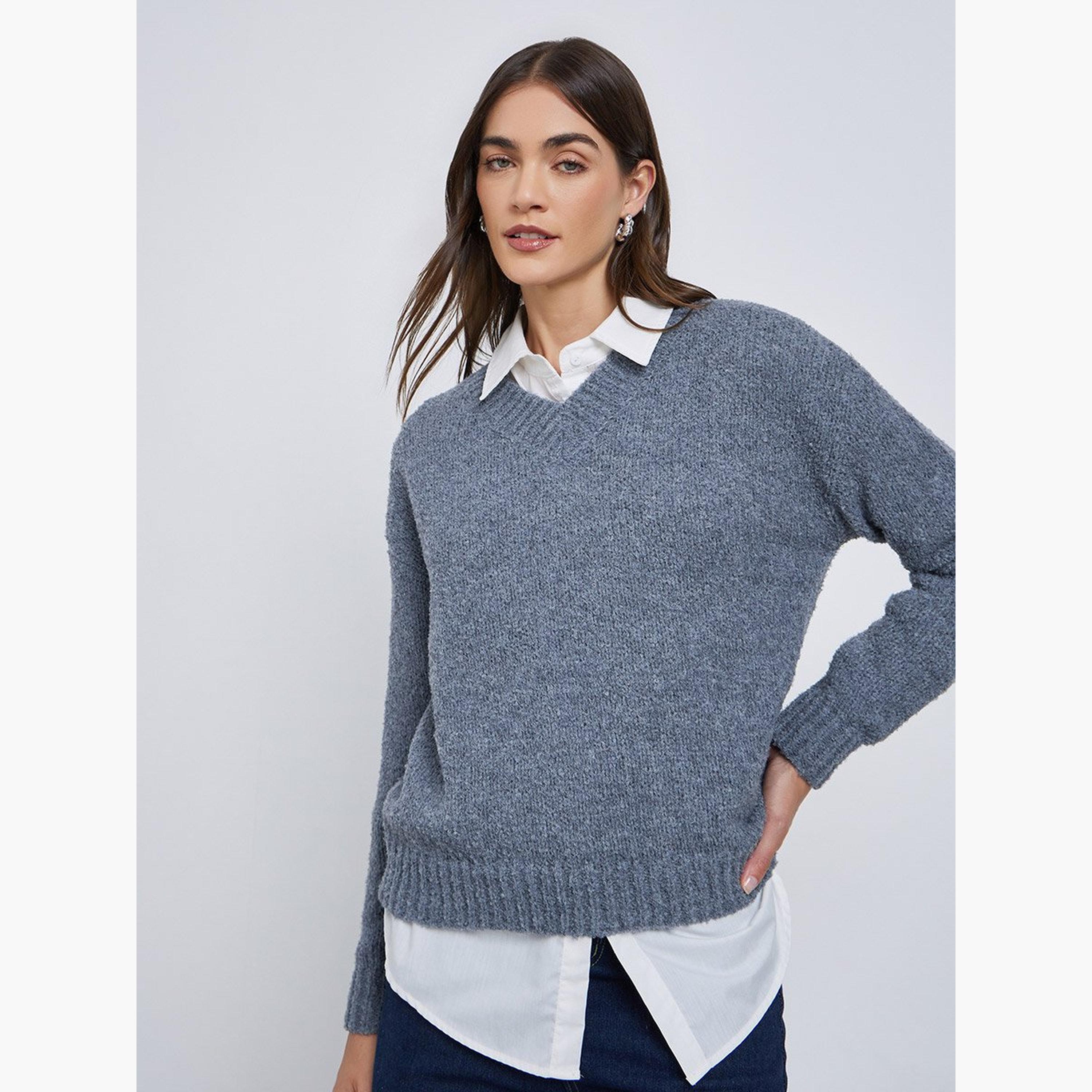 Styli Blue Relaxed Fit Multi Yarn Sweater-women-winterwear-cardigansandjumpers-jumpers-image-1