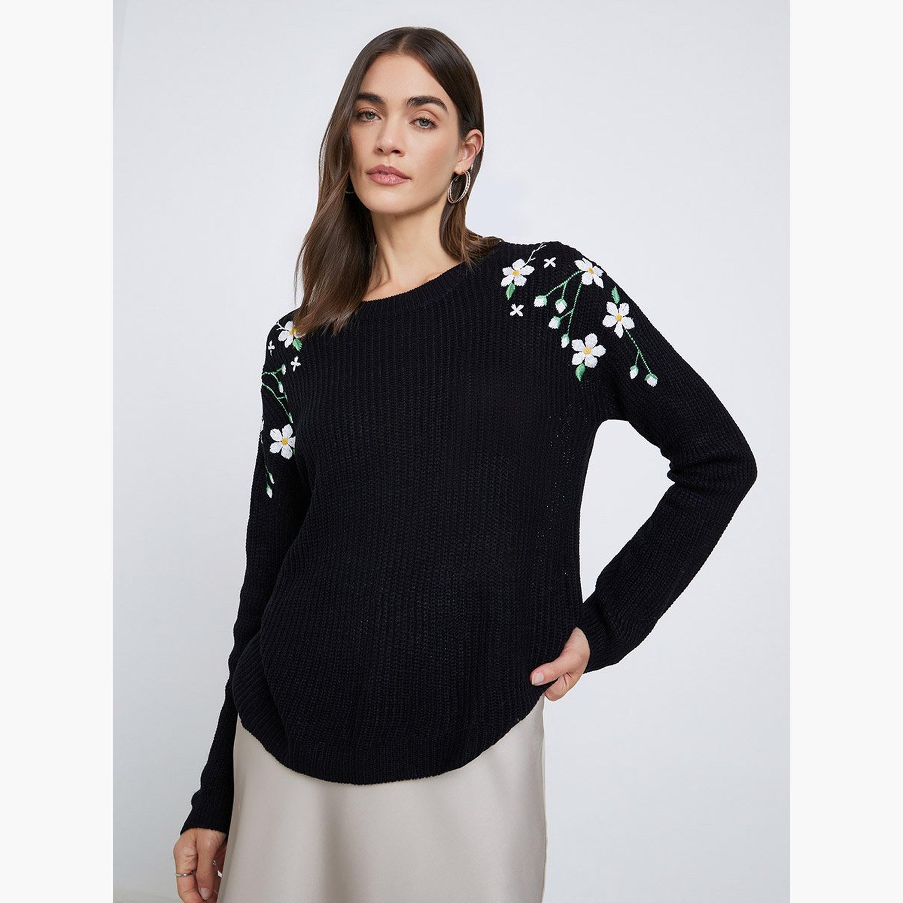 Styli Black Floral Embroidered Chunky Knit Sweater-women-winterwear-cardigansandjumpers-jumpers-image-1