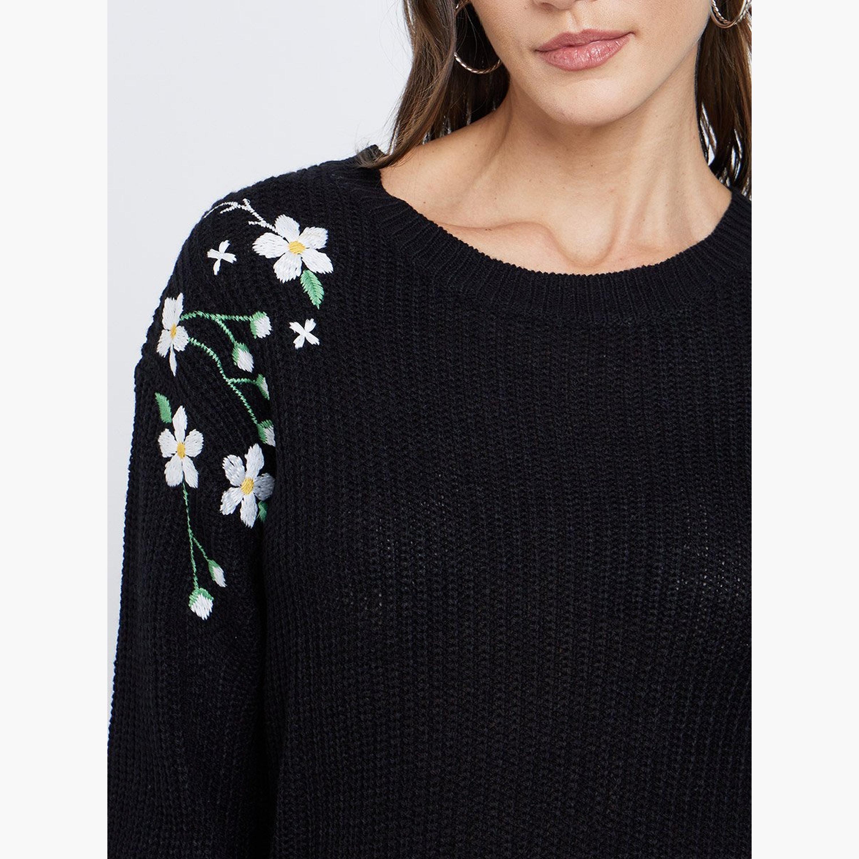 Styli Black Floral Embroidered Chunky Knit Sweater-women-winterwear-cardigansandjumpers-jumpers-image-3