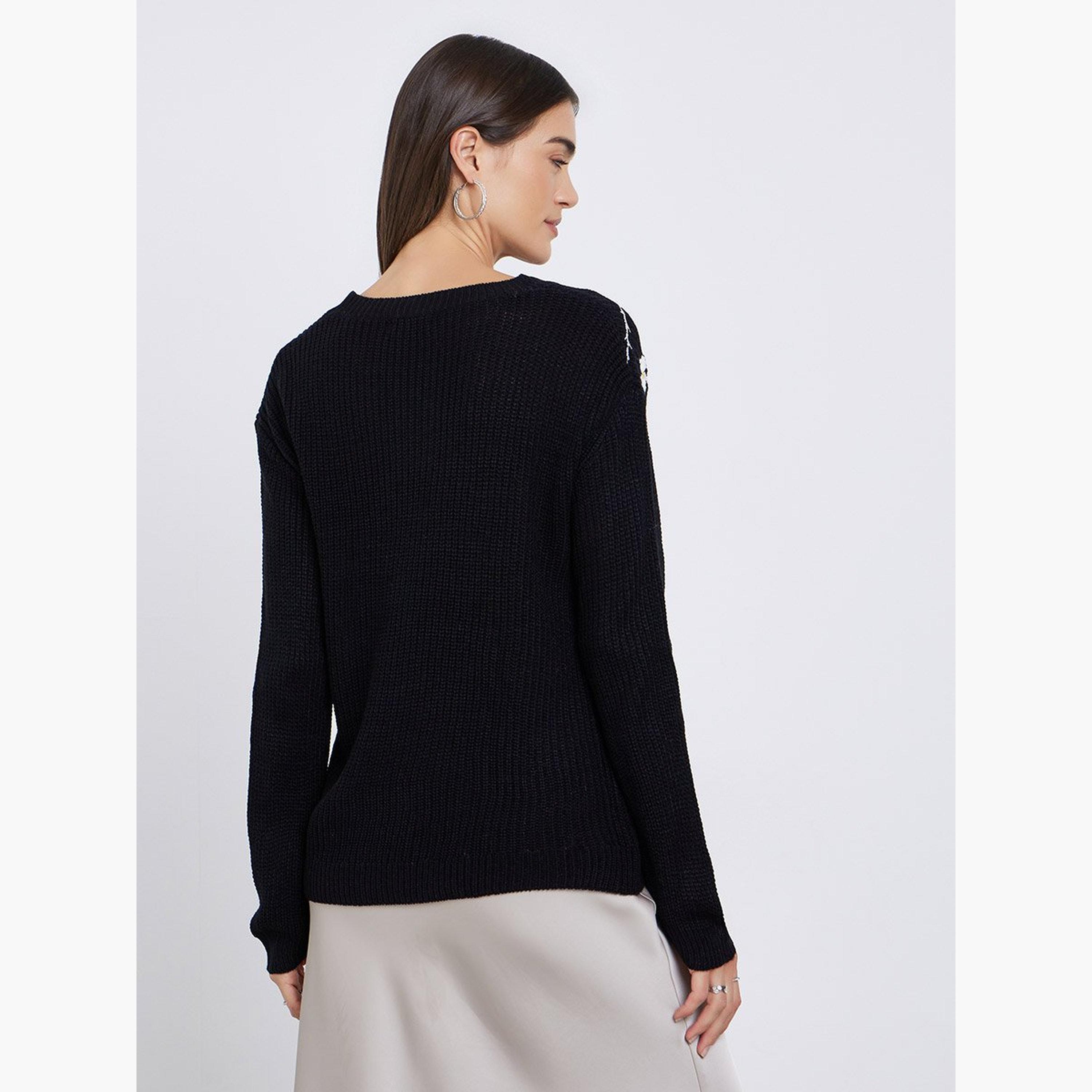 Styli Black Floral Embroidered Chunky Knit Sweater-women-winterwear-cardigansandjumpers-jumpers-image-4