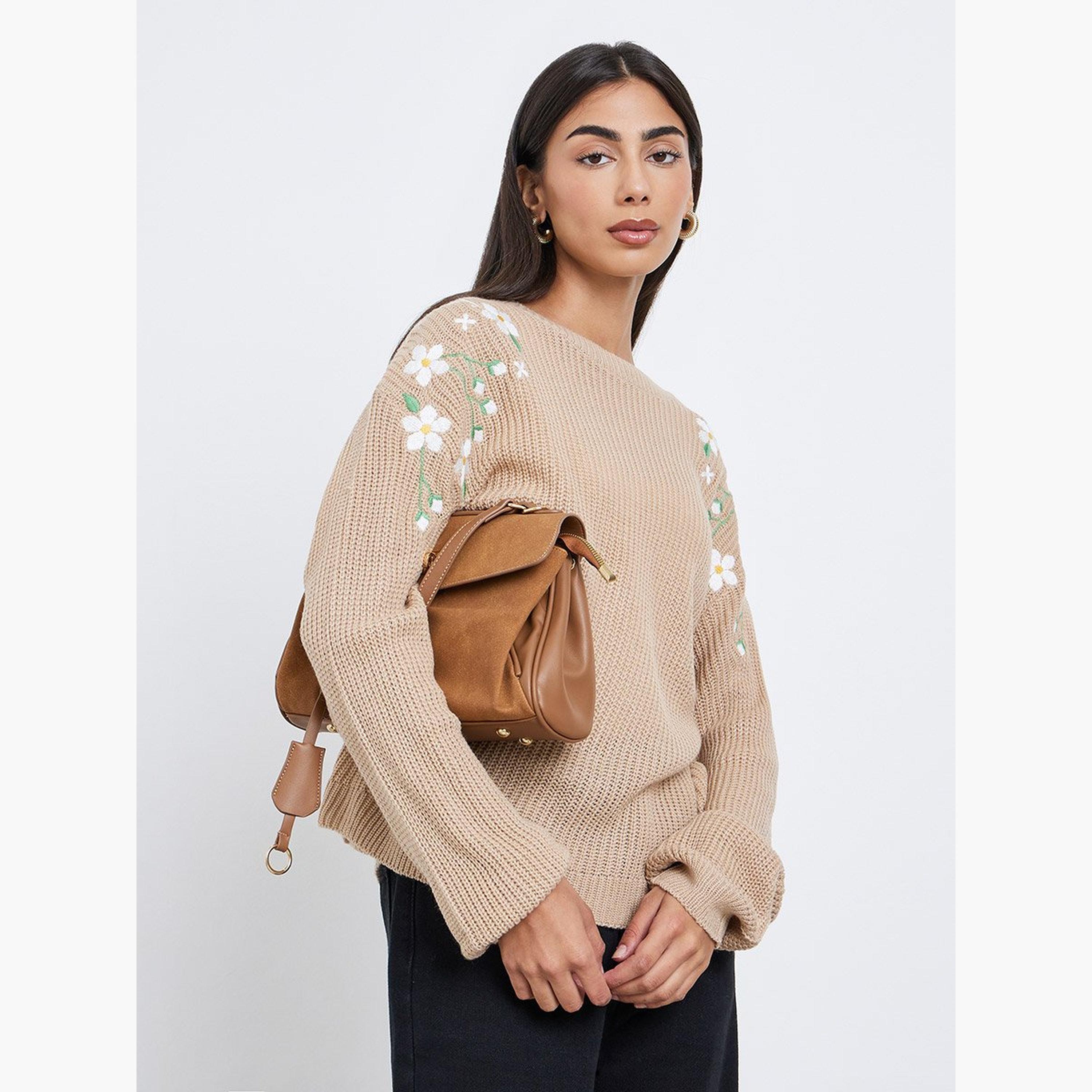 Styli Beige Floral Embroidered Chunky Knit Sweater-women-winterwear-cardigansandjumpers-jumpers-image-1