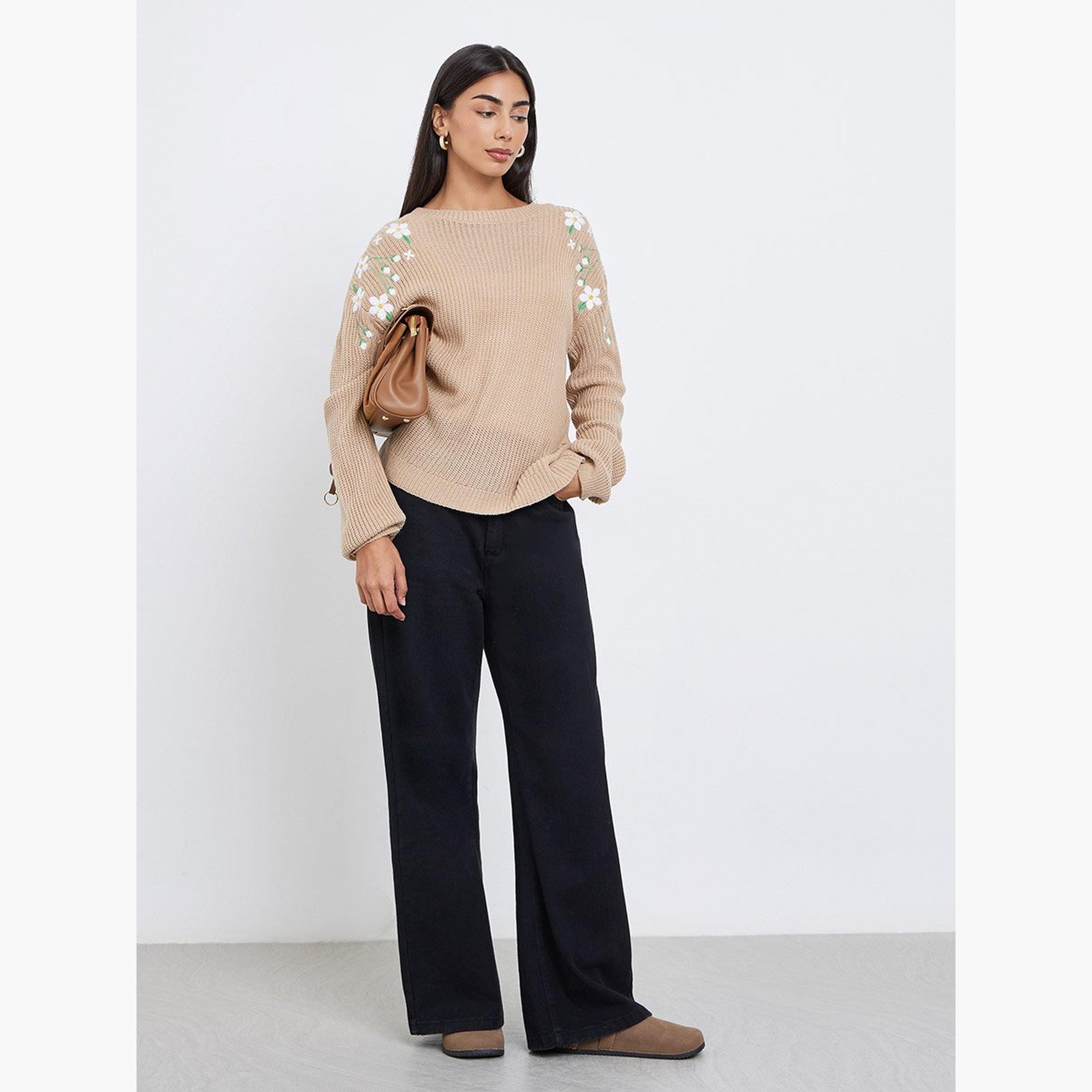 Styli Beige Floral Embroidered Chunky Knit Sweater-women-winterwear-cardigansandjumpers-jumpers-image-2