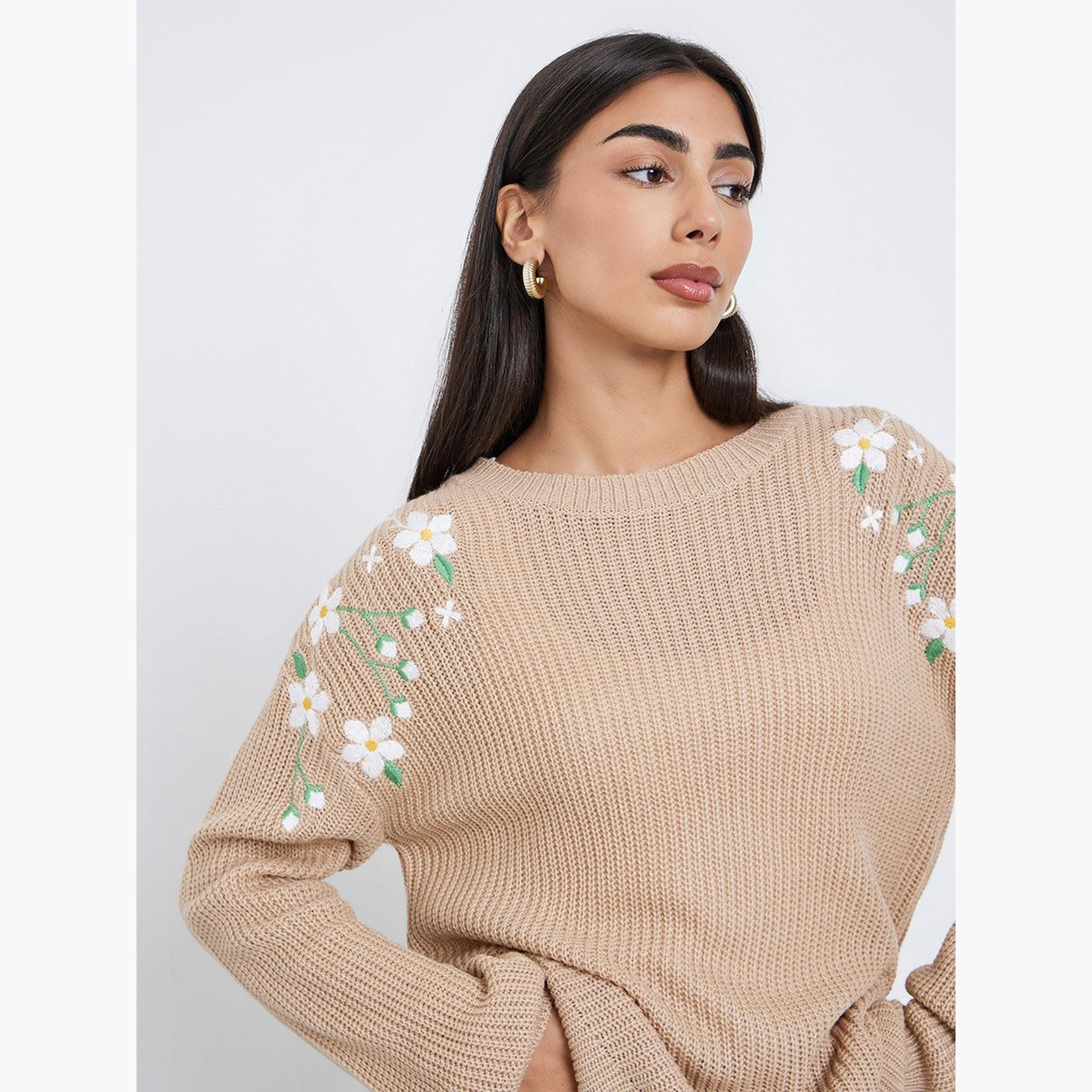 Styli Beige Floral Embroidered Chunky Knit Sweater-women-winterwear-cardigansandjumpers-jumpers-image-3