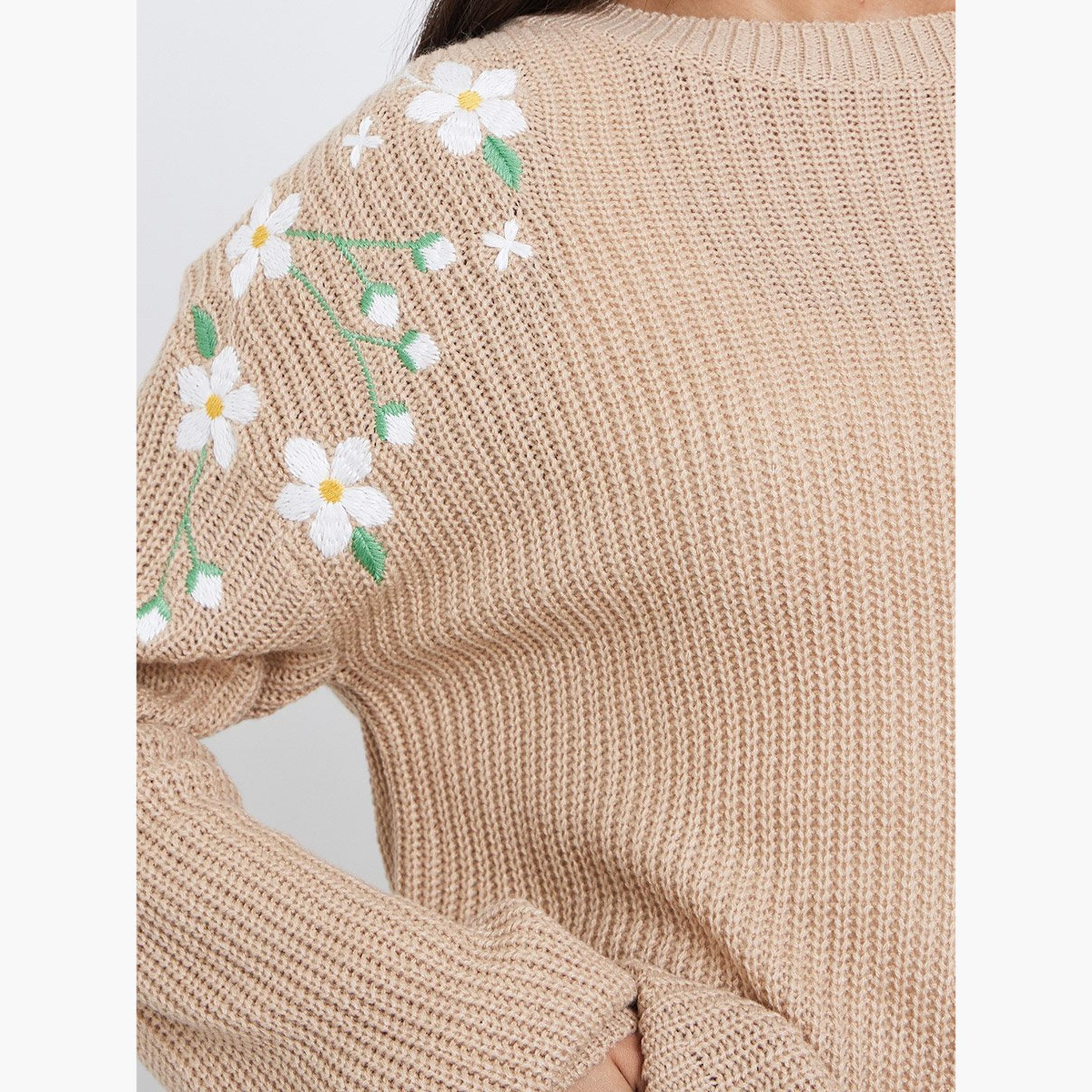 Styli Beige Floral Embroidered Chunky Knit Sweater-women-winterwear-cardigansandjumpers-jumpers-image-4