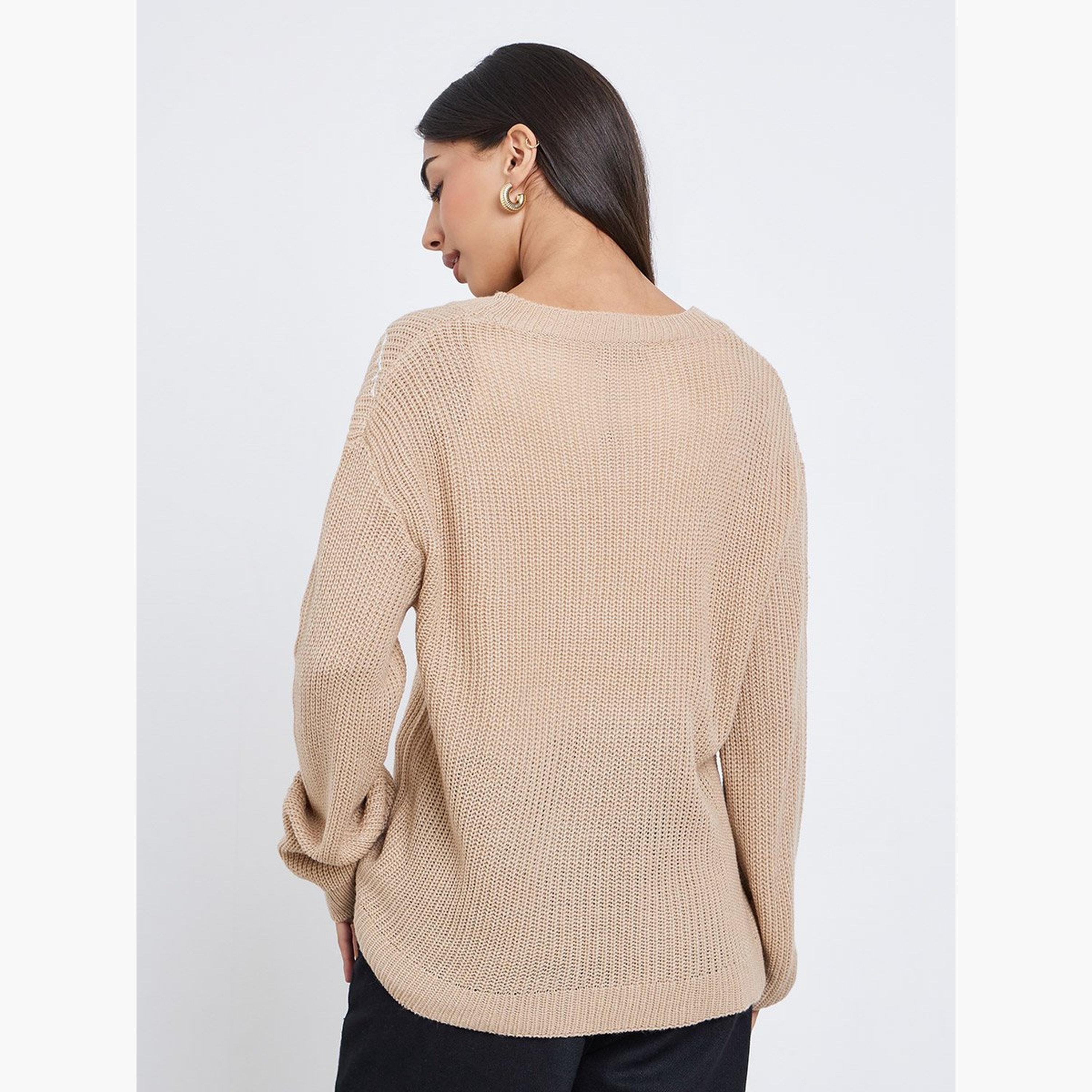 Styli Beige Floral Embroidered Chunky Knit Sweater-women-winterwear-cardigansandjumpers-jumpers-image-5