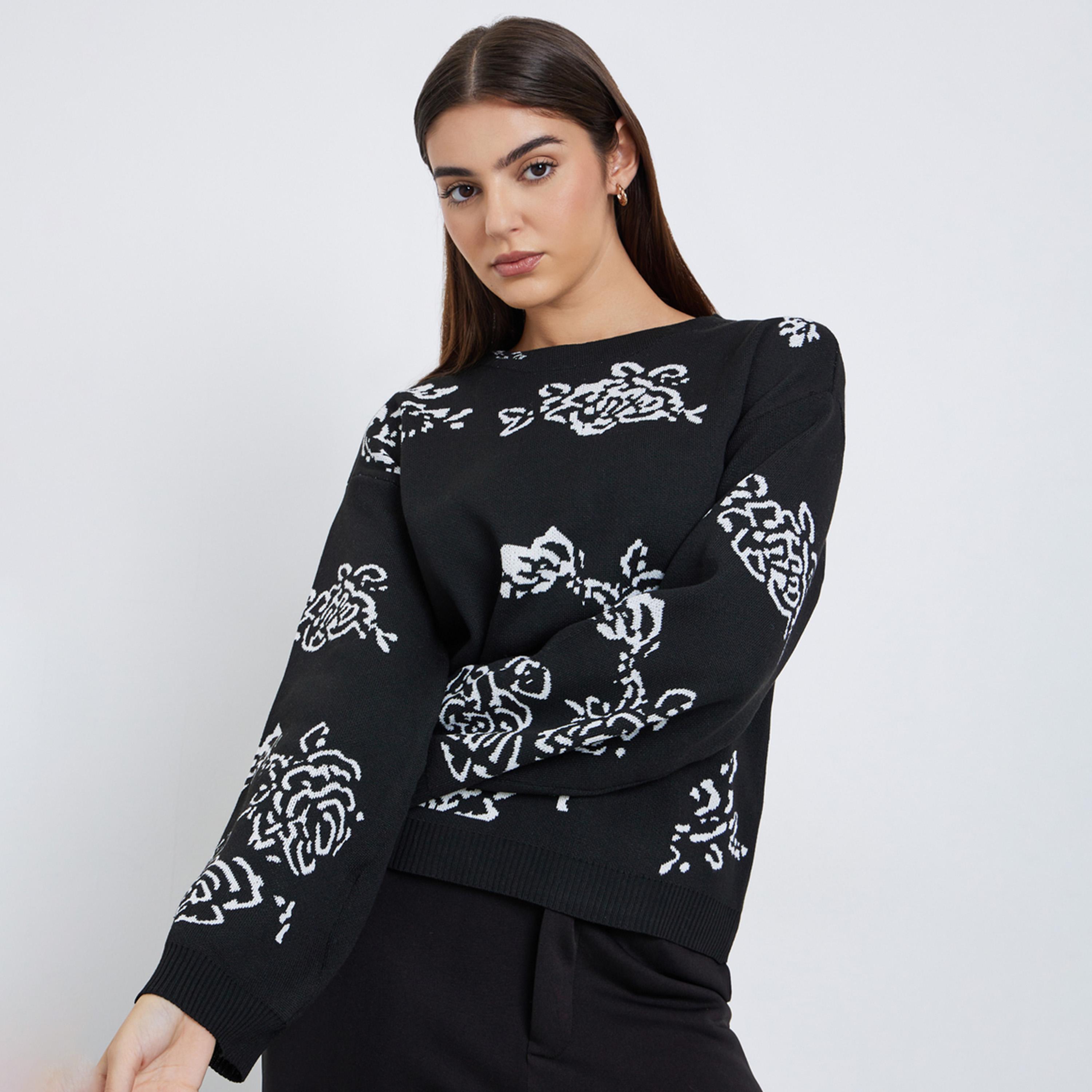 Styli Black Regular Fit Floral Jacquard Knit Sweater-women-winterwear-cardigansandjumpers-jumpers-image-1