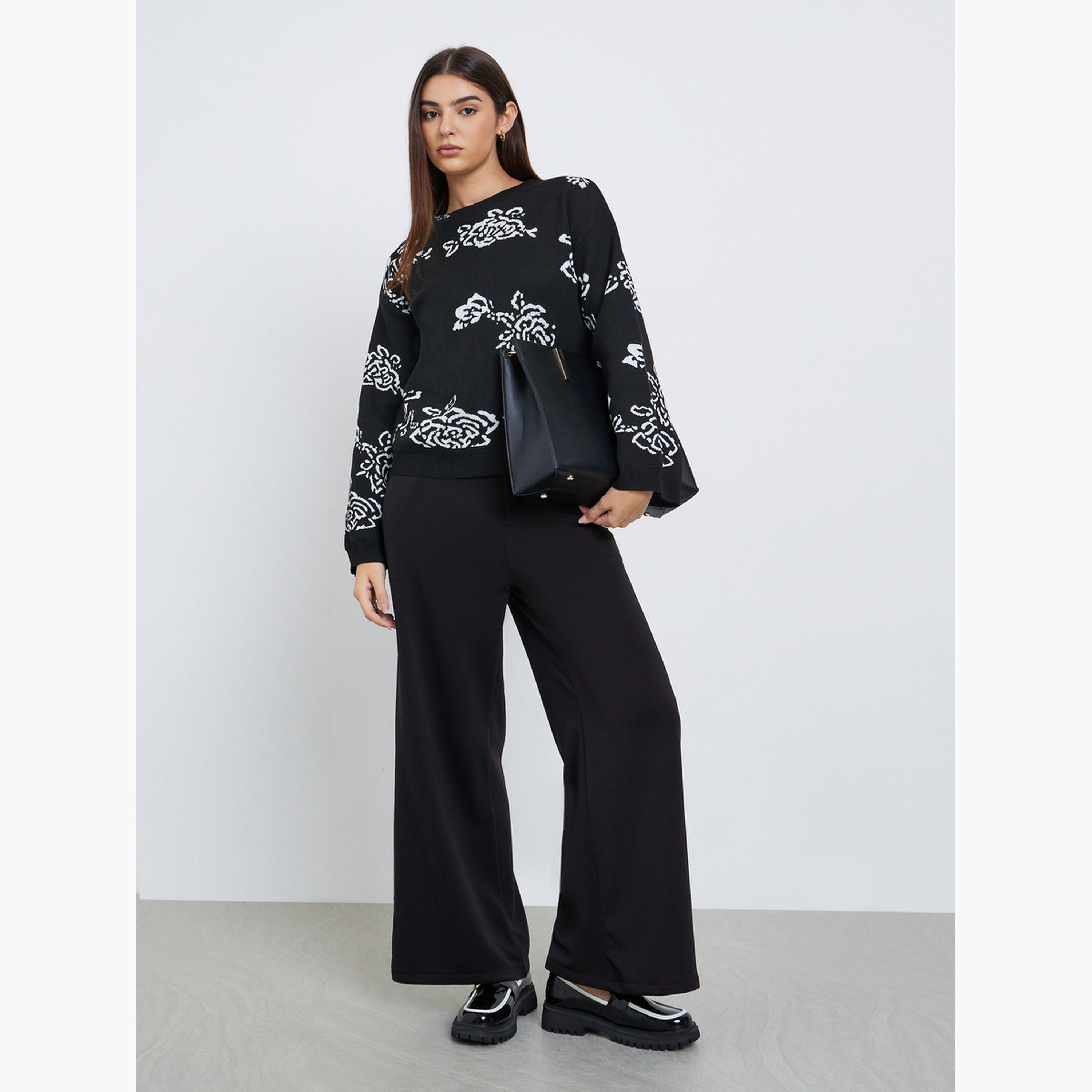 Styli Black Regular Fit Floral Jacquard Knit Sweater-women-winterwear-cardigansandjumpers-jumpers-image-2