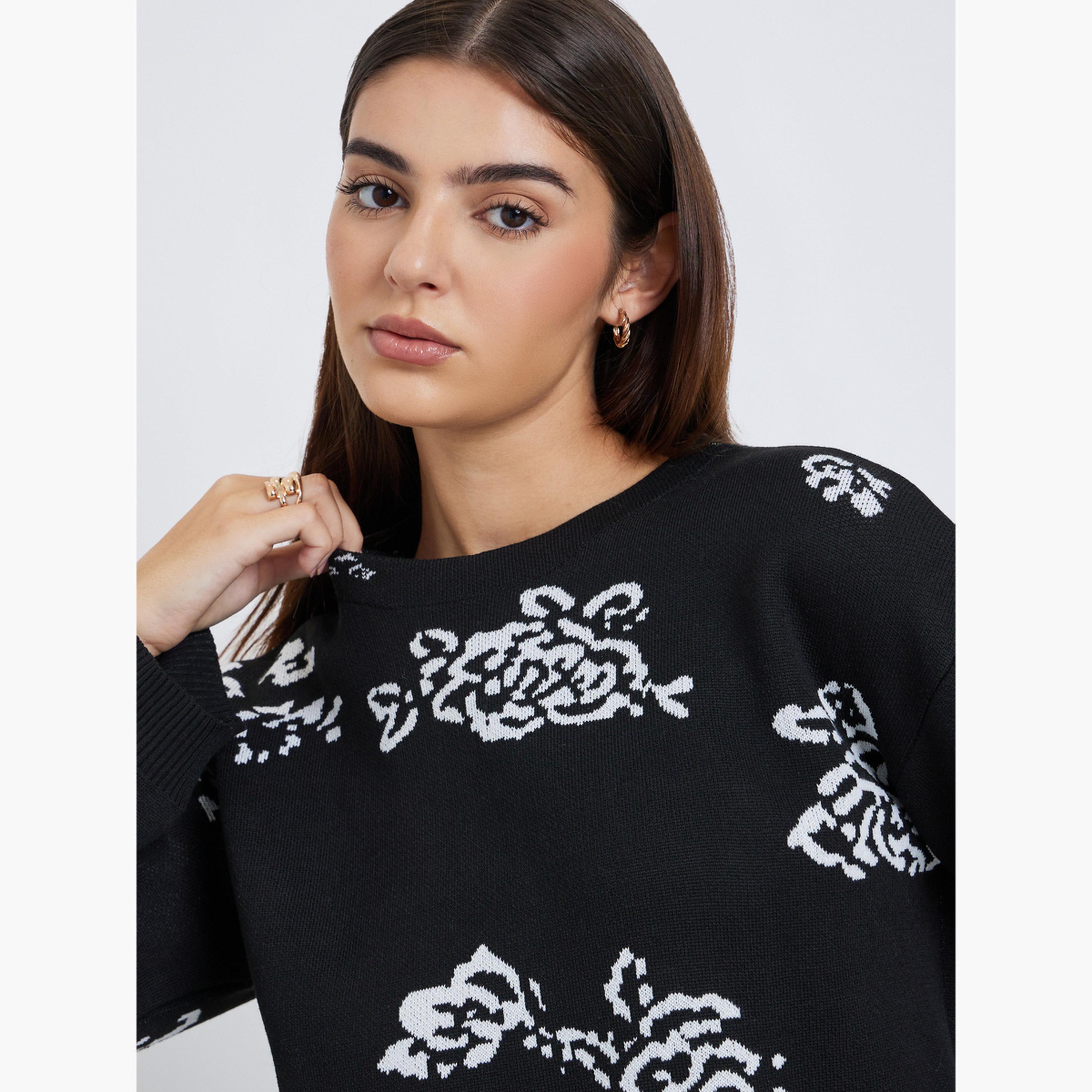Styli Black Regular Fit Floral Jacquard Knit Sweater-women-winterwear-cardigansandjumpers-jumpers-image-3