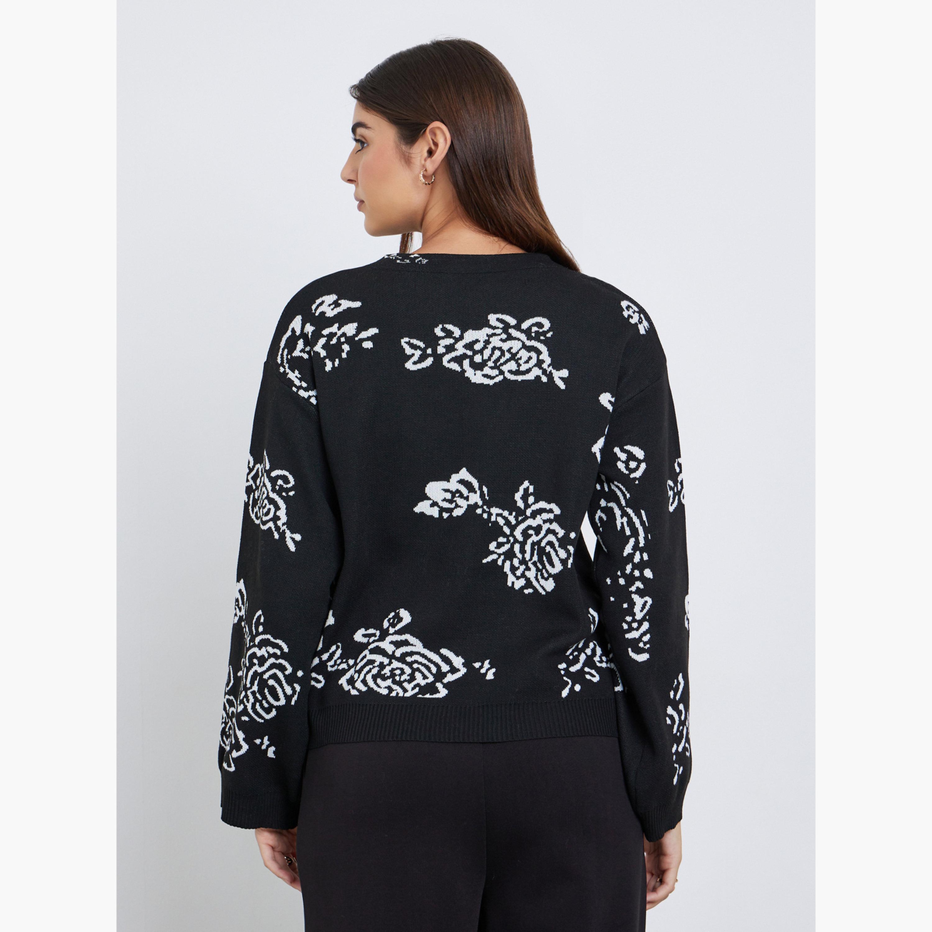 Styli Black Regular Fit Floral Jacquard Knit Sweater-women-winterwear-cardigansandjumpers-jumpers-image-4