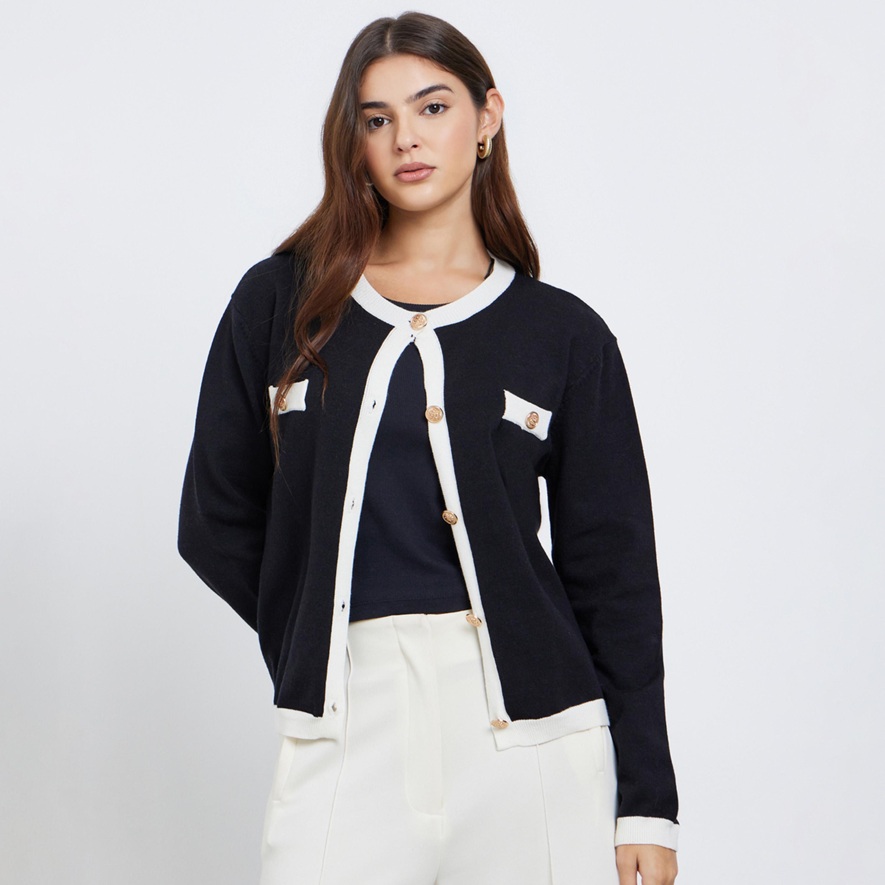 ستايلي - كارديغان أسود بقصّة عادية مع حواف متباينة-women-winterwear-cardigansandjumpers-jumpers-image-1
