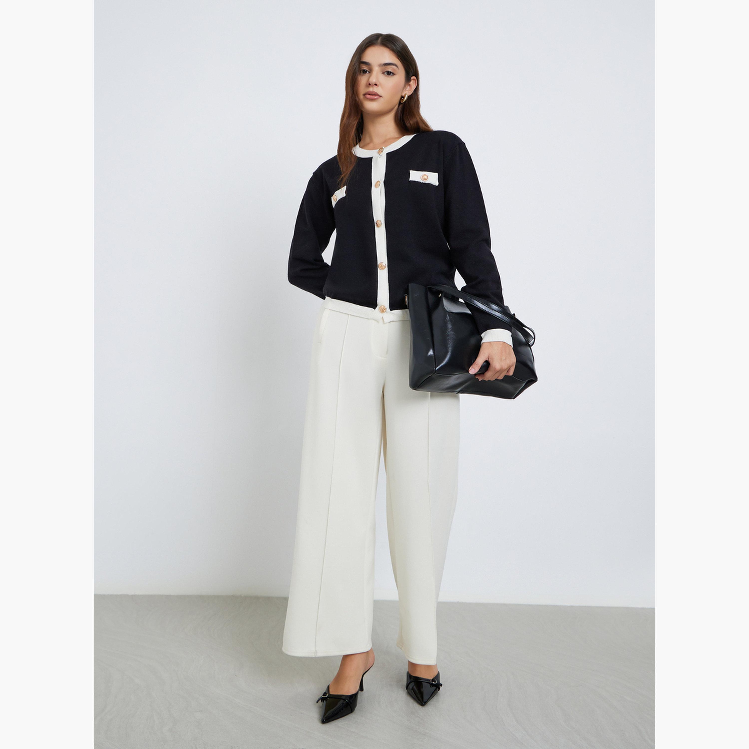 Styli Black Regular Fit Cardigan with Contrast Trim-women-winterwear-cardigansandjumpers-jumpers-image-2