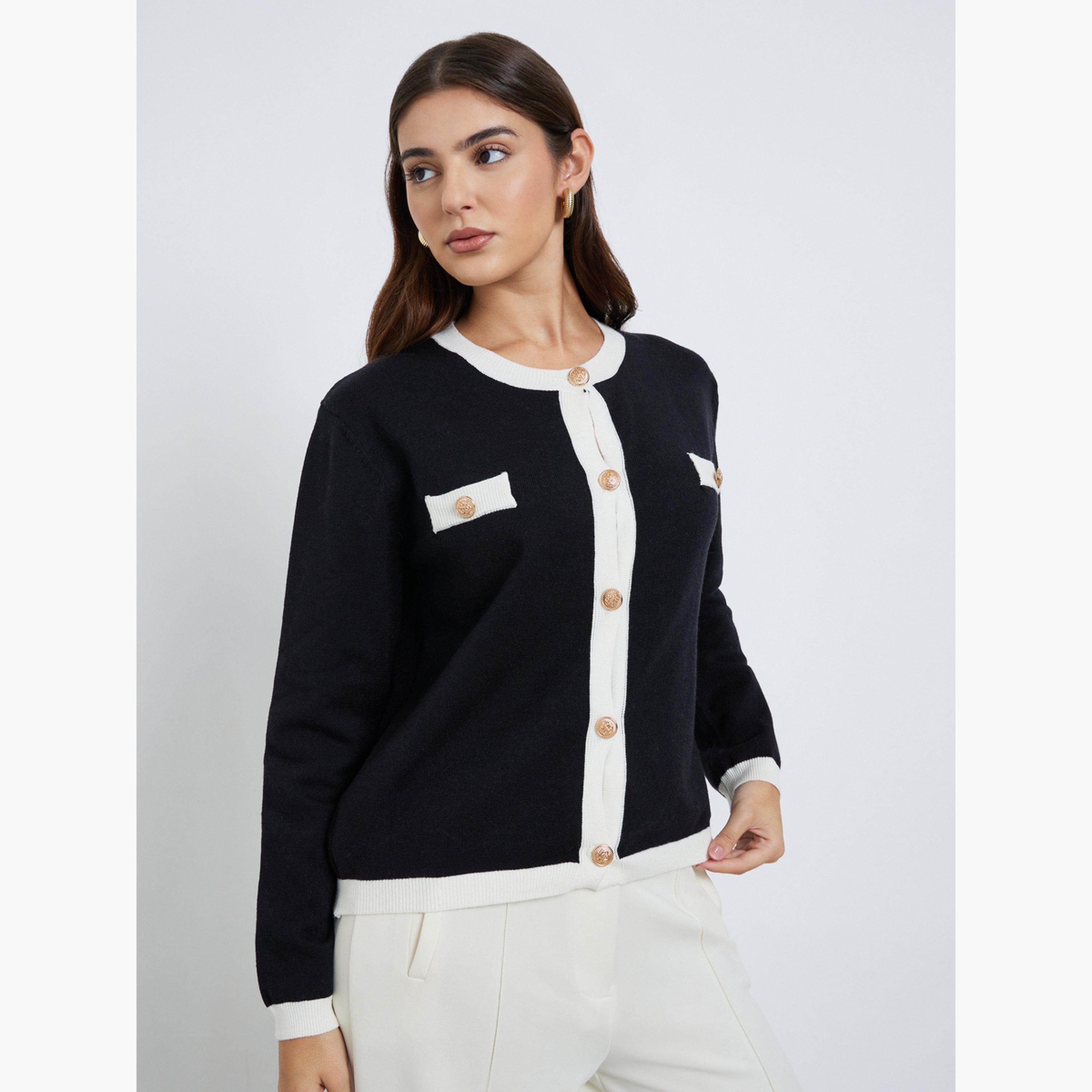 Styli Black Regular Fit Cardigan with Contrast Trim-women-winterwear-cardigansandjumpers-jumpers-image-3