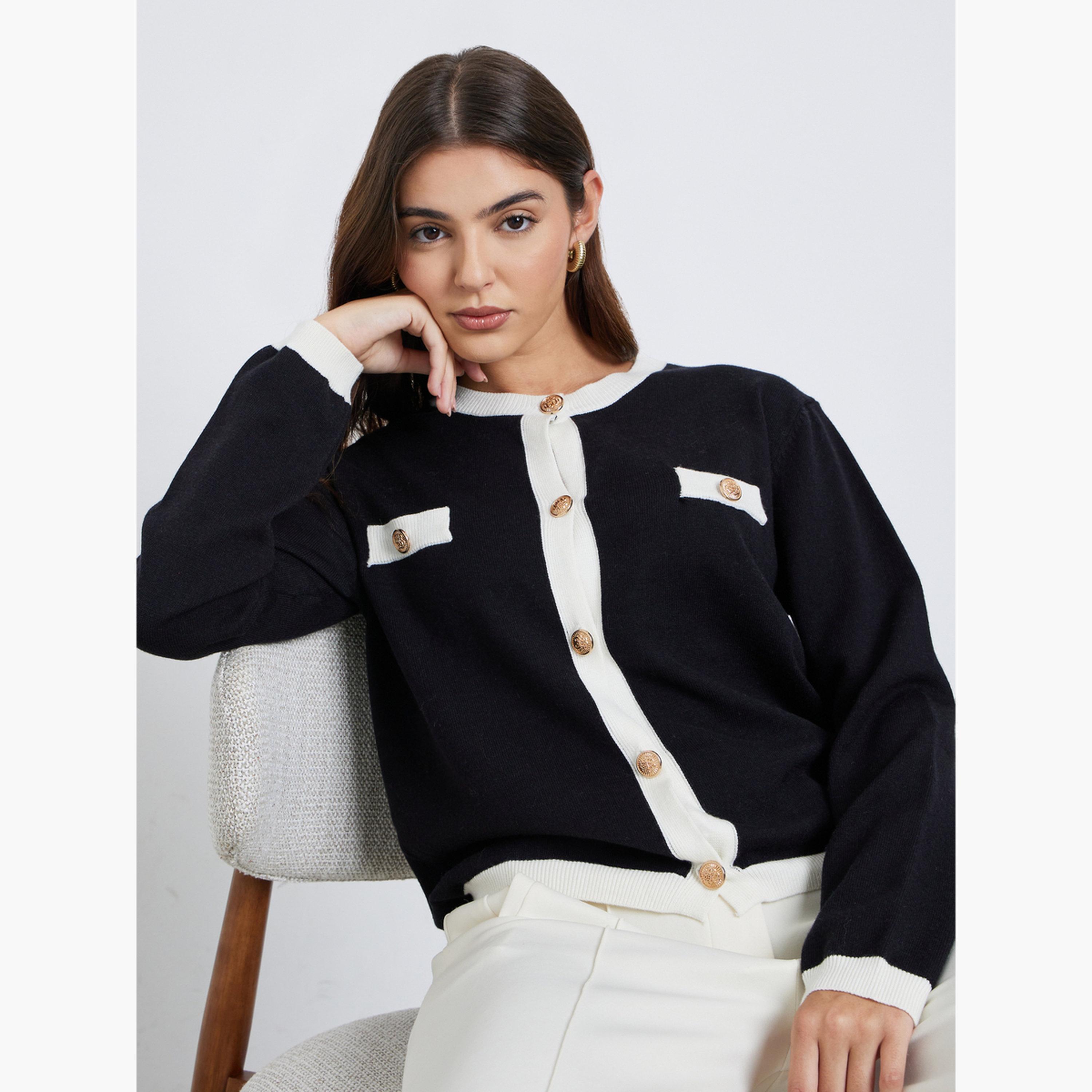 Styli Black Regular Fit Cardigan with Contrast Trim-women-winterwear-cardigansandjumpers-jumpers-image-4