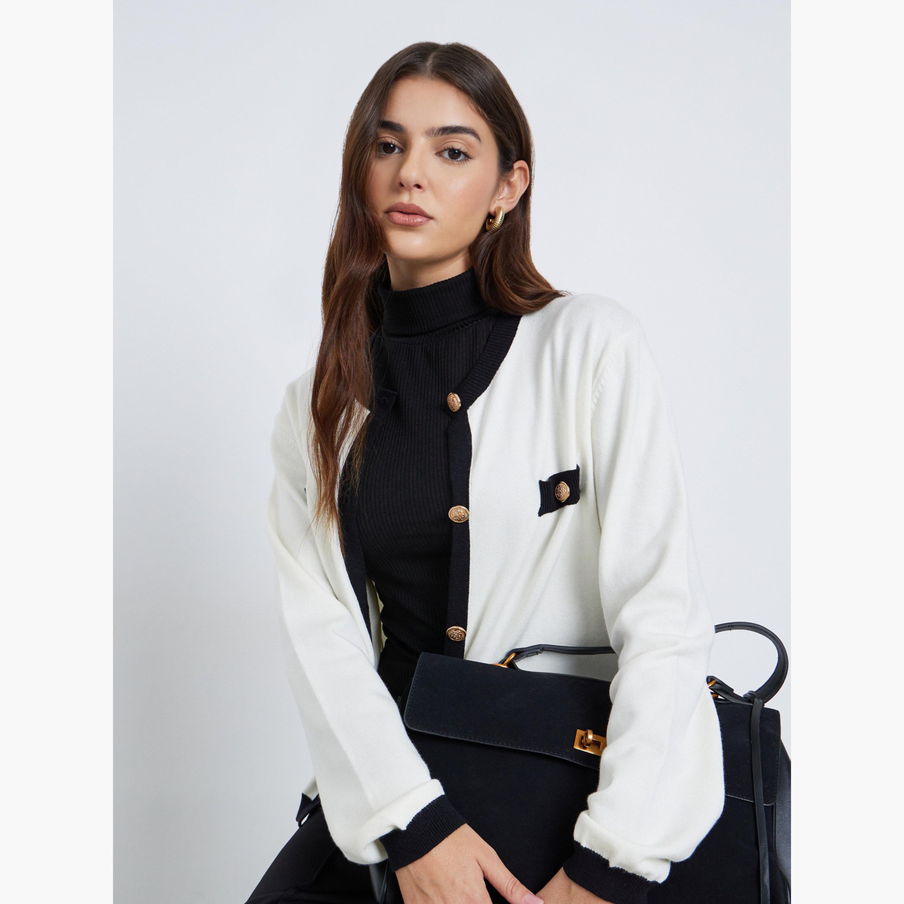 ستايلي - كارديغان عادي أبيض اللون مع حواف متباينة-women-winterwear-cardigansandjumpers-jumpers-image-3
