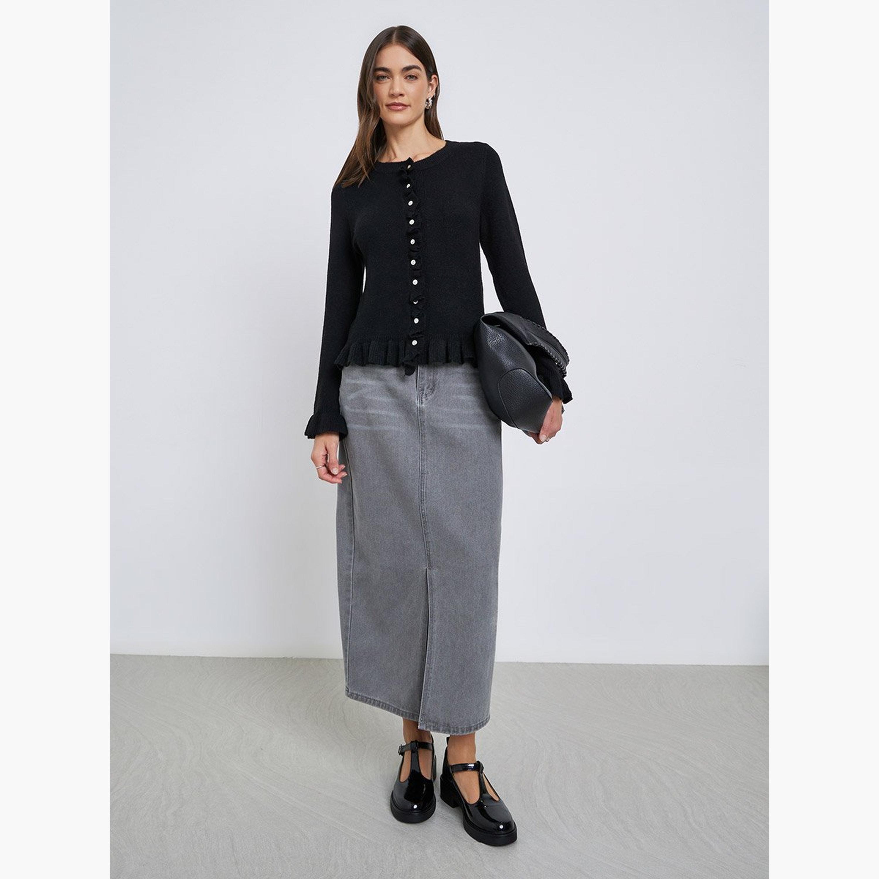ستايلي - كارديغان محبوك بقصّة عادية وحواف مكشكشة لون أسود-women-winterwear-cardigansandjumpers-cardigans-image-1