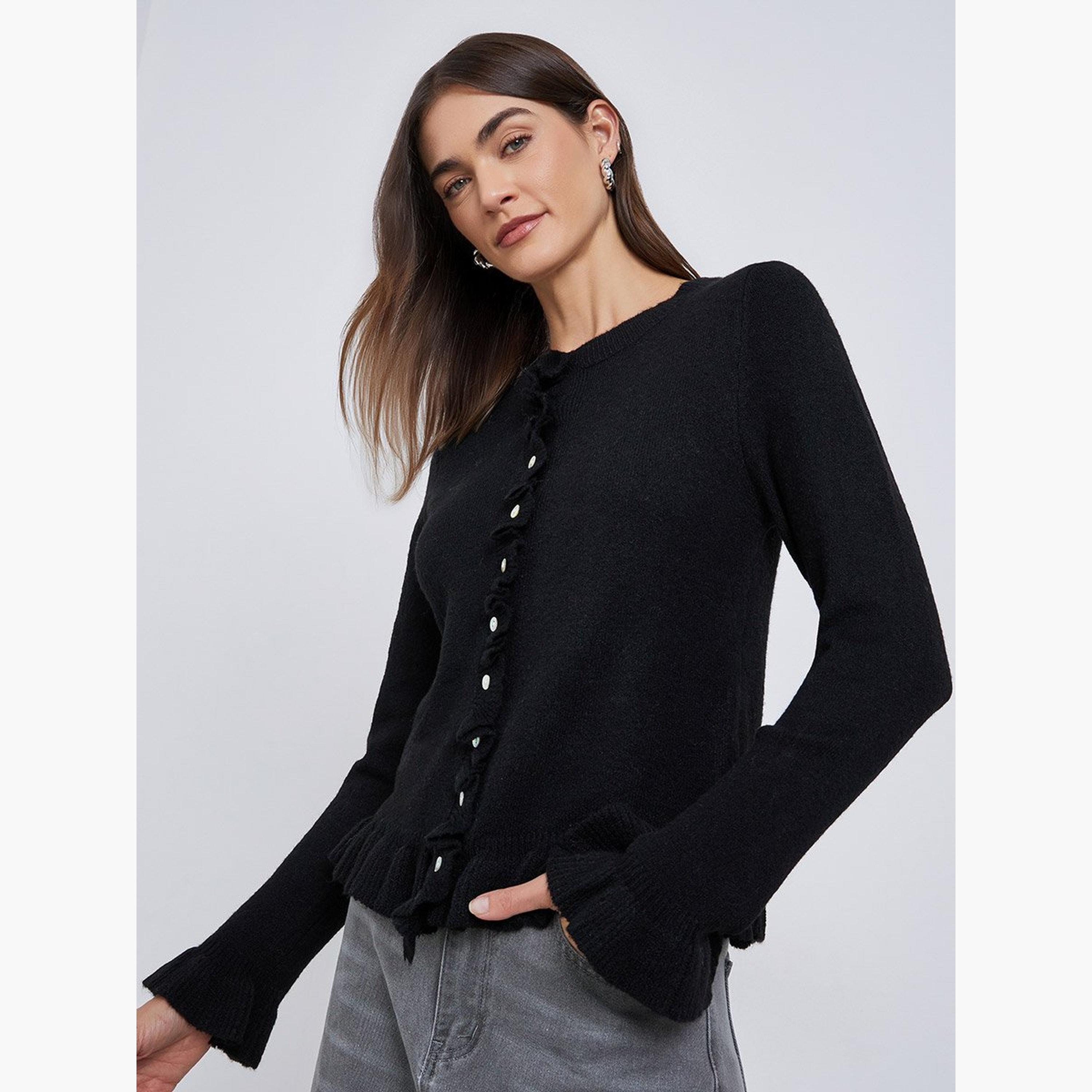 Styli Black Regular Fit Ruffle Trim Knit Cardigan-women-winterwear-cardigansandjumpers-cardigans-image-2