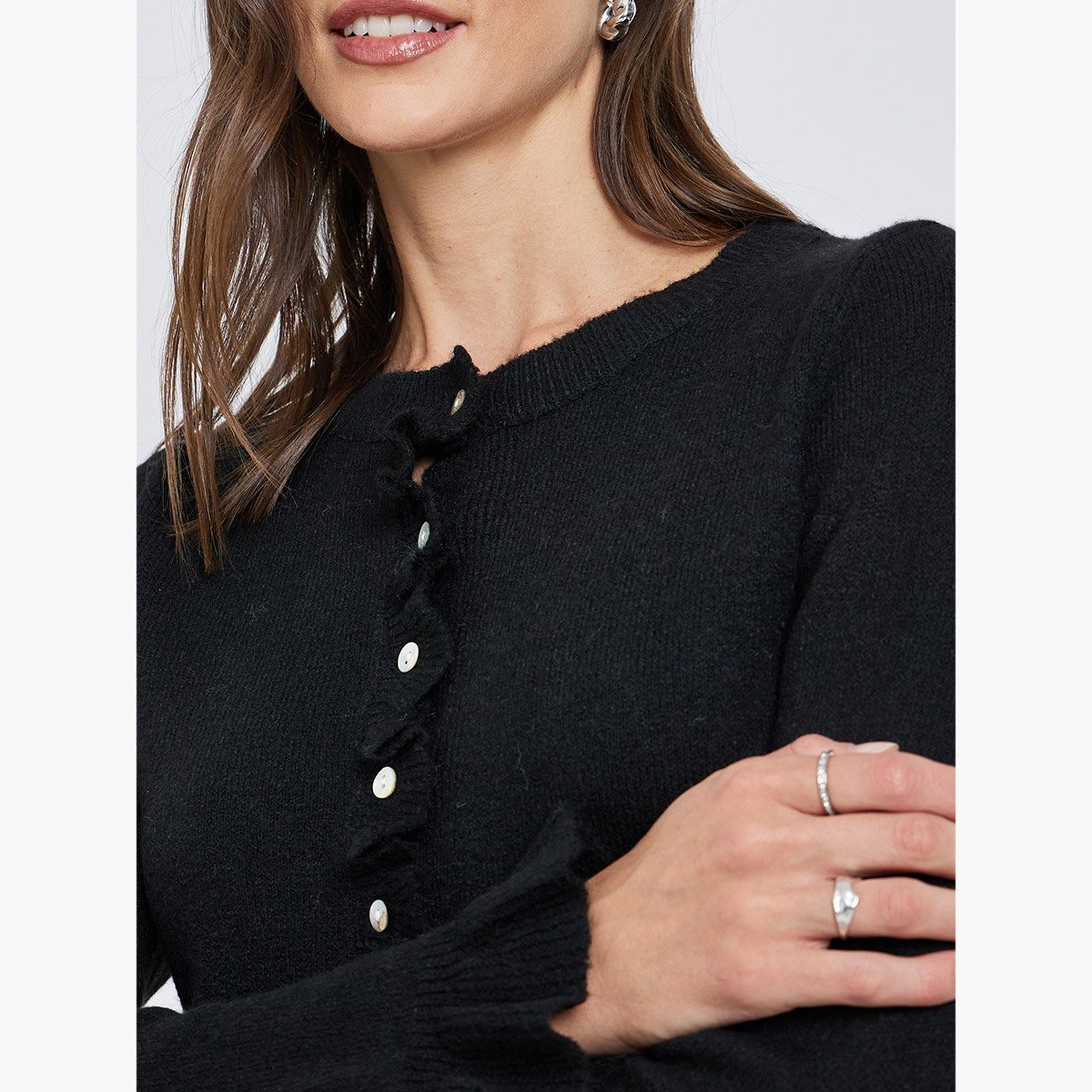 Styli Black Regular Fit Ruffle Trim Knit Cardigan-women-winterwear-cardigansandjumpers-cardigans-image-3
