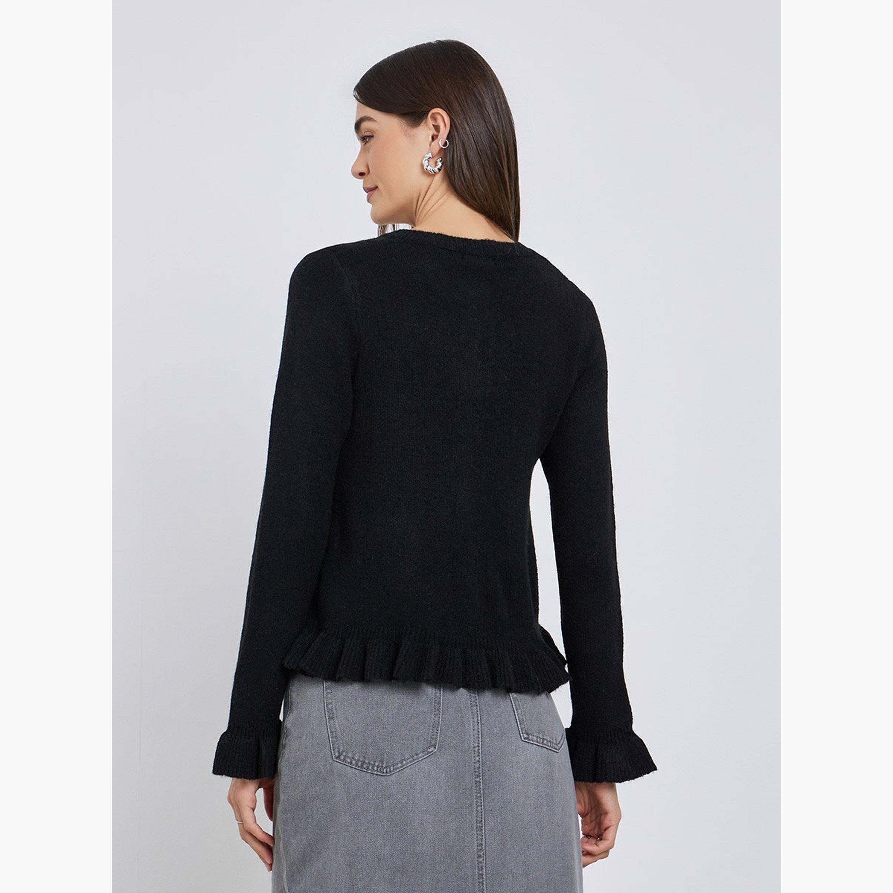 ستايلي - كارديغان محبوك بقصّة عادية وحواف مكشكشة لون أسود-women-winterwear-cardigansandjumpers-cardigans-image-4