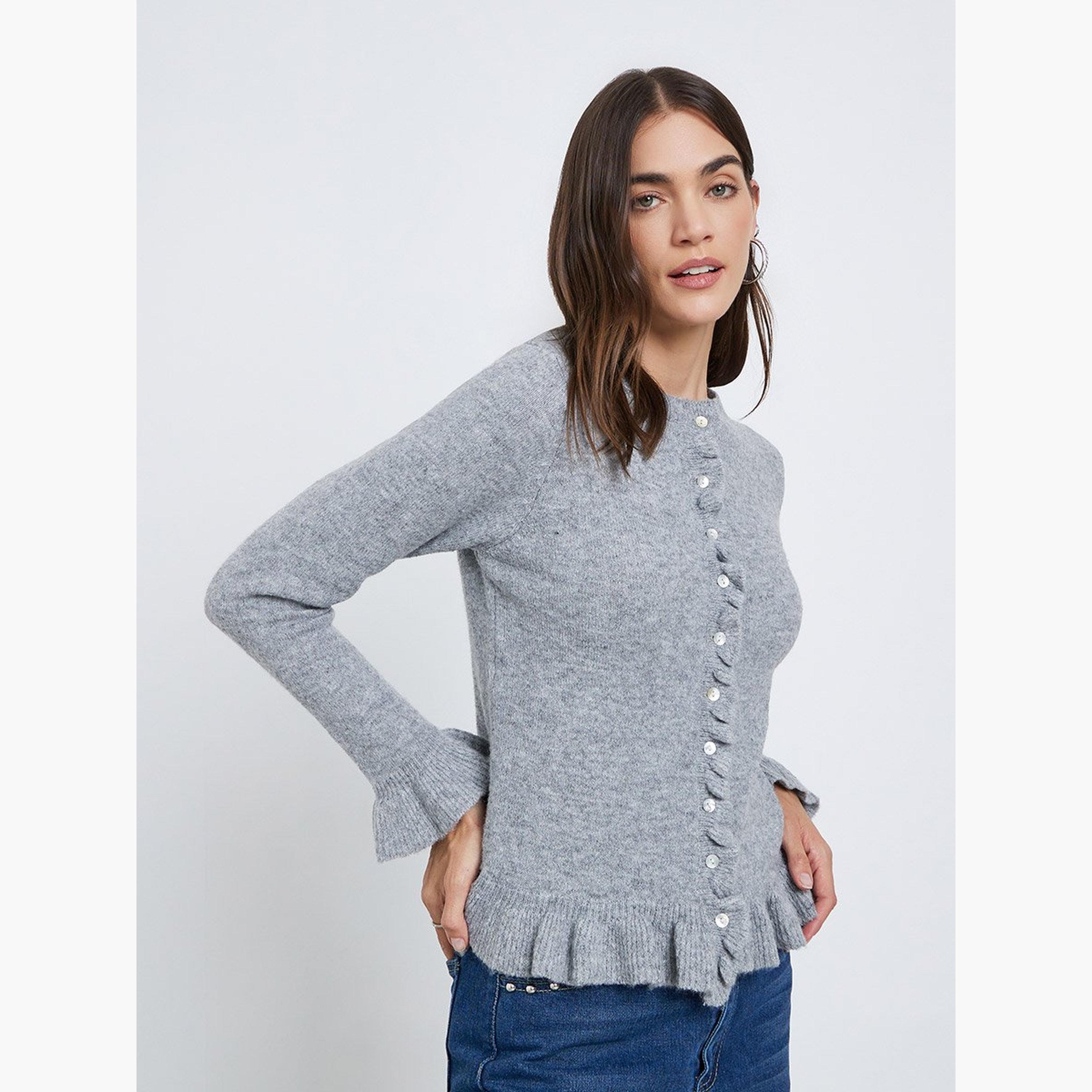 Styli Grey Regular Fit Ruffle Trim Knit Cardigan-women-winterwear-cardigansandjumpers-cardigans-image-1