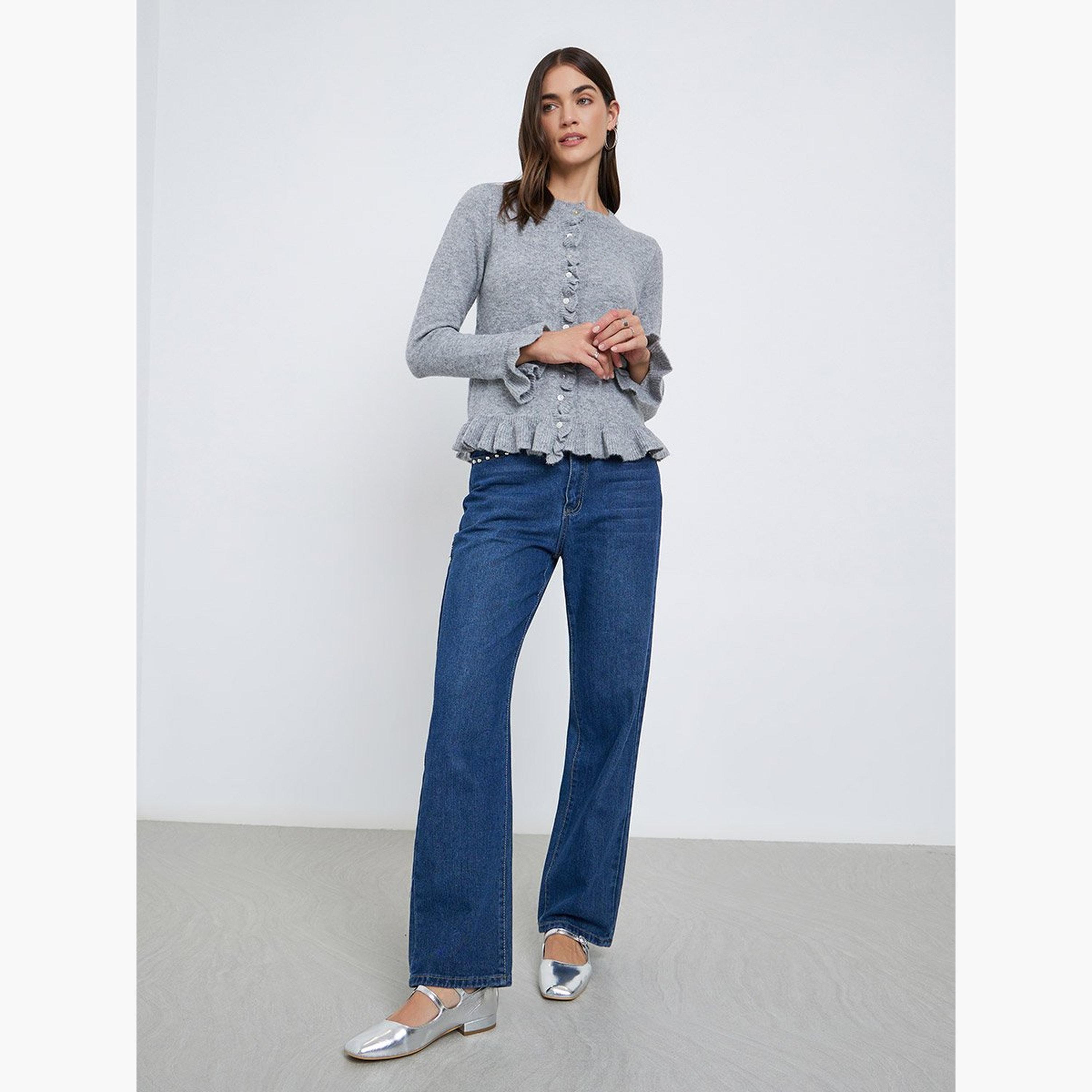 Styli Grey Regular Fit Ruffle Trim Knit Cardigan-women-winterwear-cardigansandjumpers-cardigans-image-2