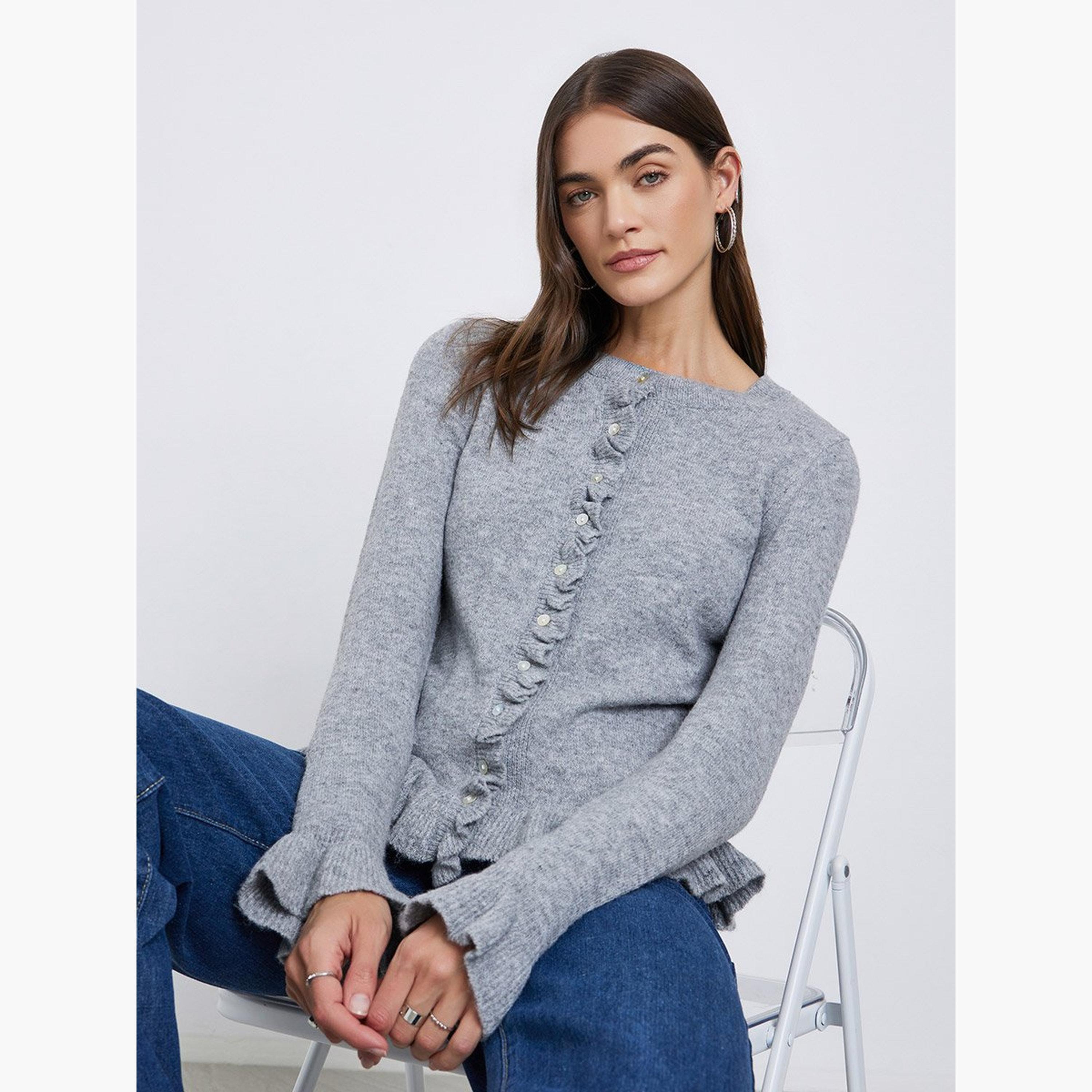 Styli Grey Regular Fit Ruffle Trim Knit Cardigan-women-winterwear-cardigansandjumpers-cardigans-image-3
