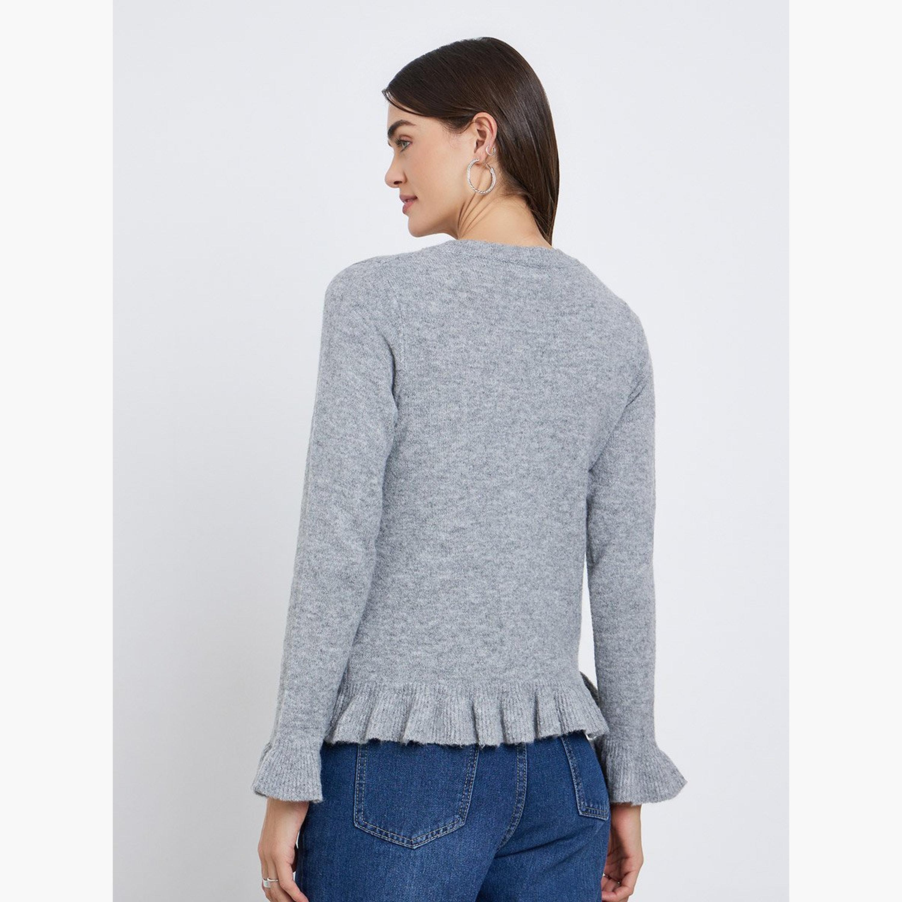 Styli Grey Regular Fit Ruffle Trim Knit Cardigan-women-winterwear-cardigansandjumpers-cardigans-image-5